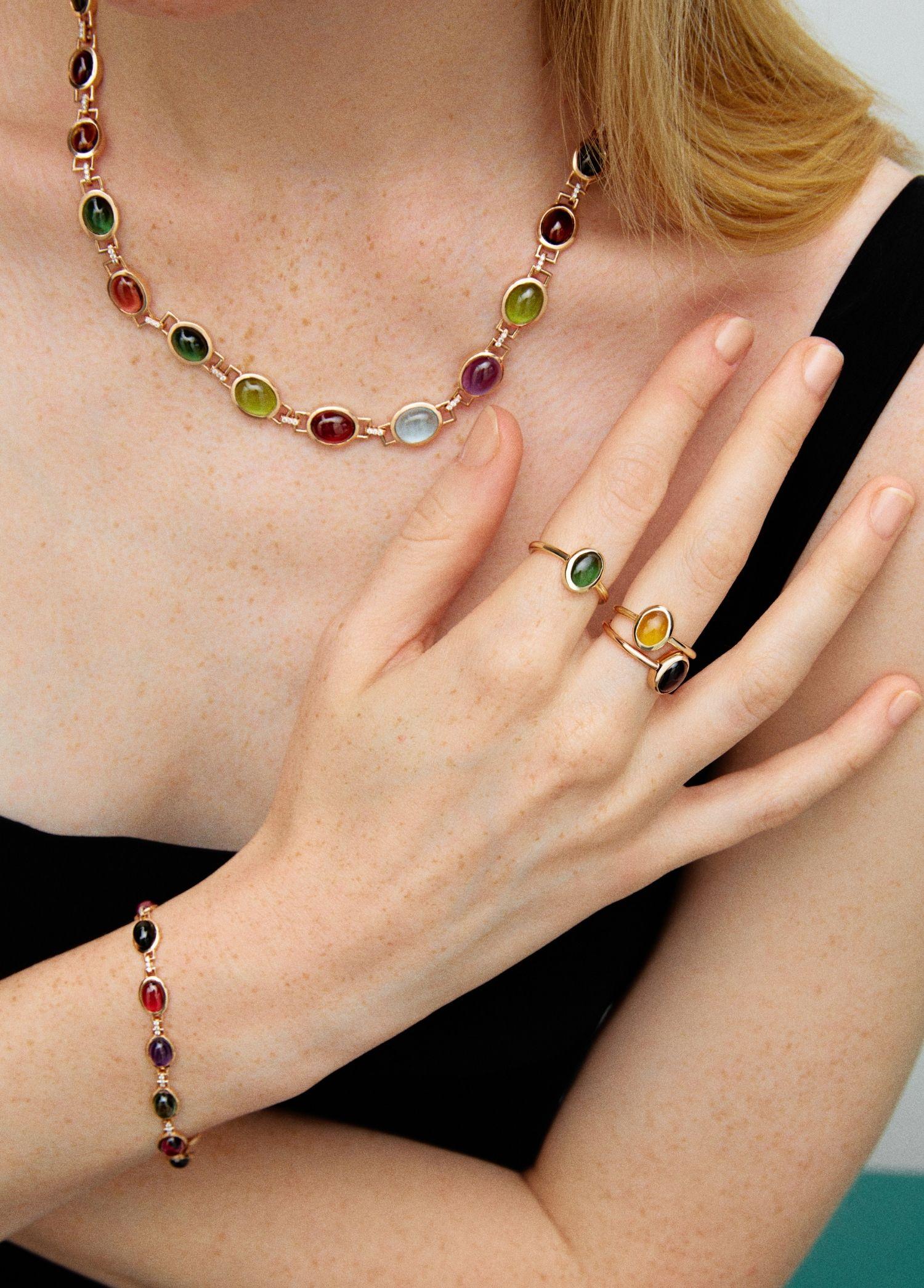 Cabochon Melie Jewelry Gem Choker Necklace with 14K Gold & Diamond & Tourmaline For Sale