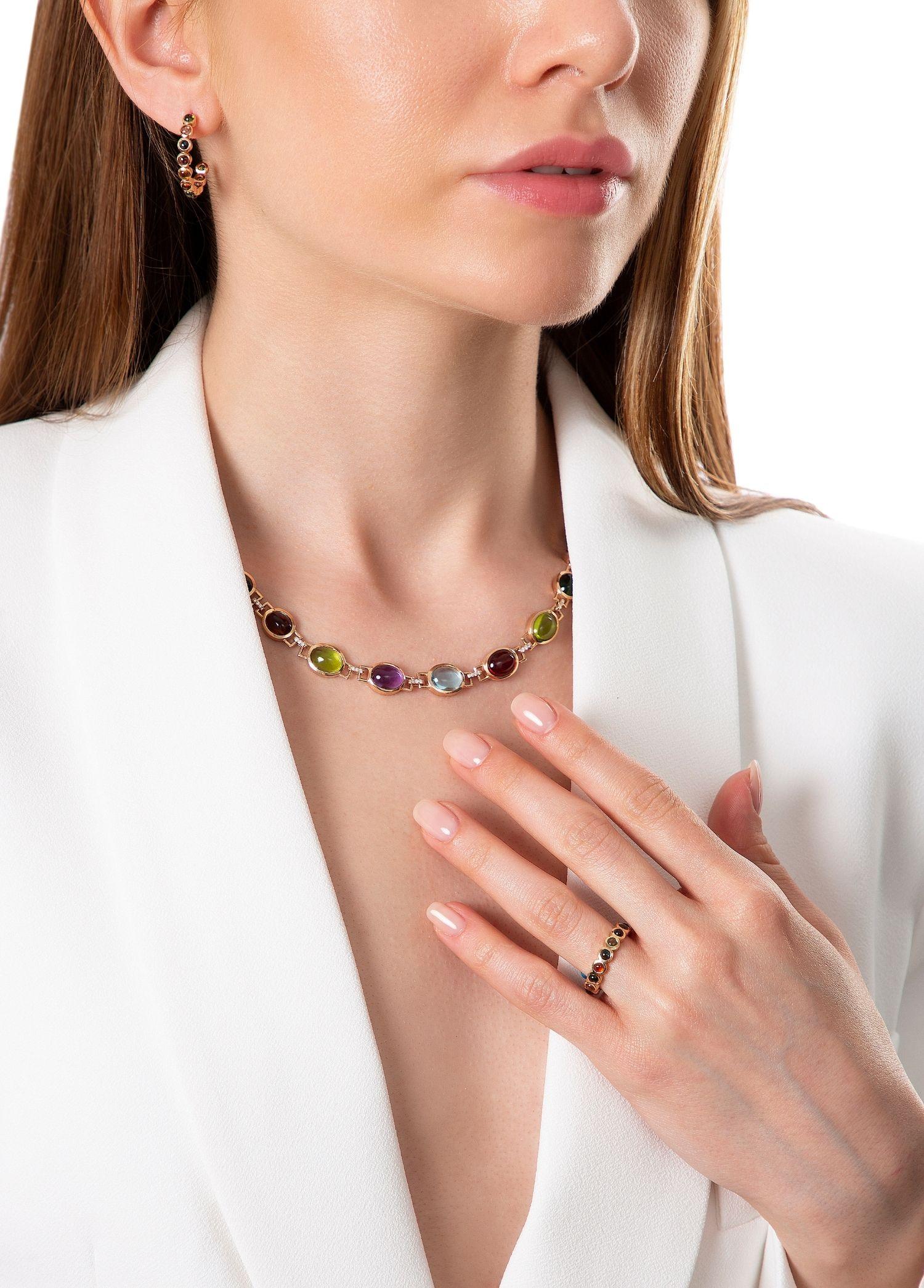 Cabochon Melie Jewelry Gem Choker Necklace with 14K Gold & Diamond & Tourmaline For Sale