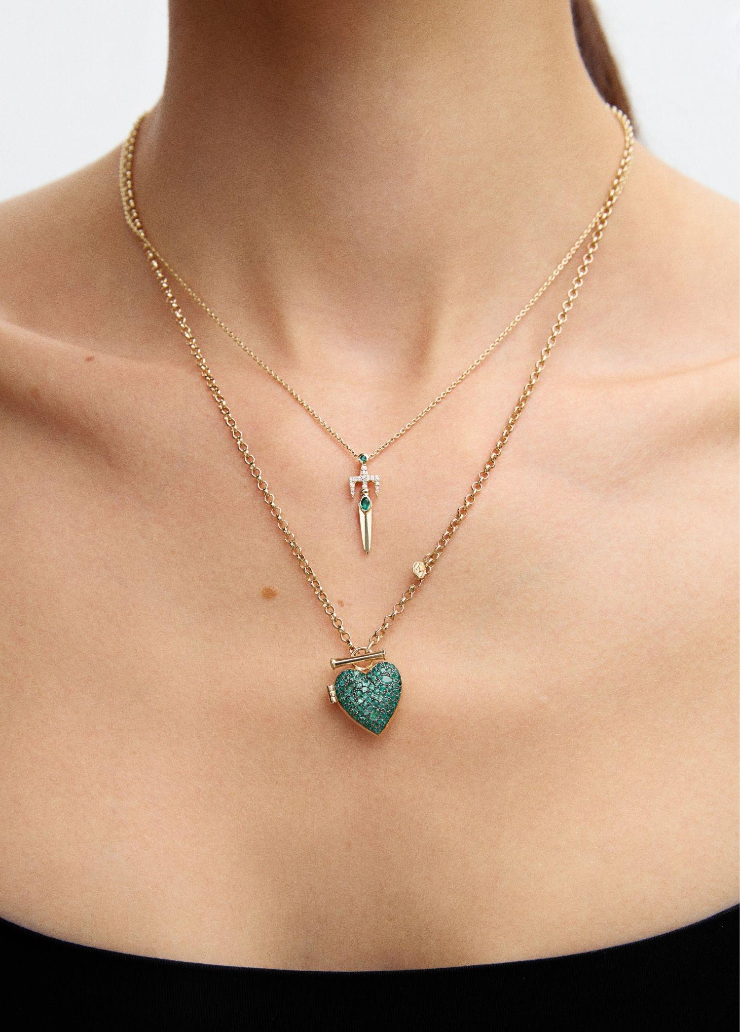 Modern Melie Jewelry Heart Locket Necklace In 14K Gold & Emerald For Sale