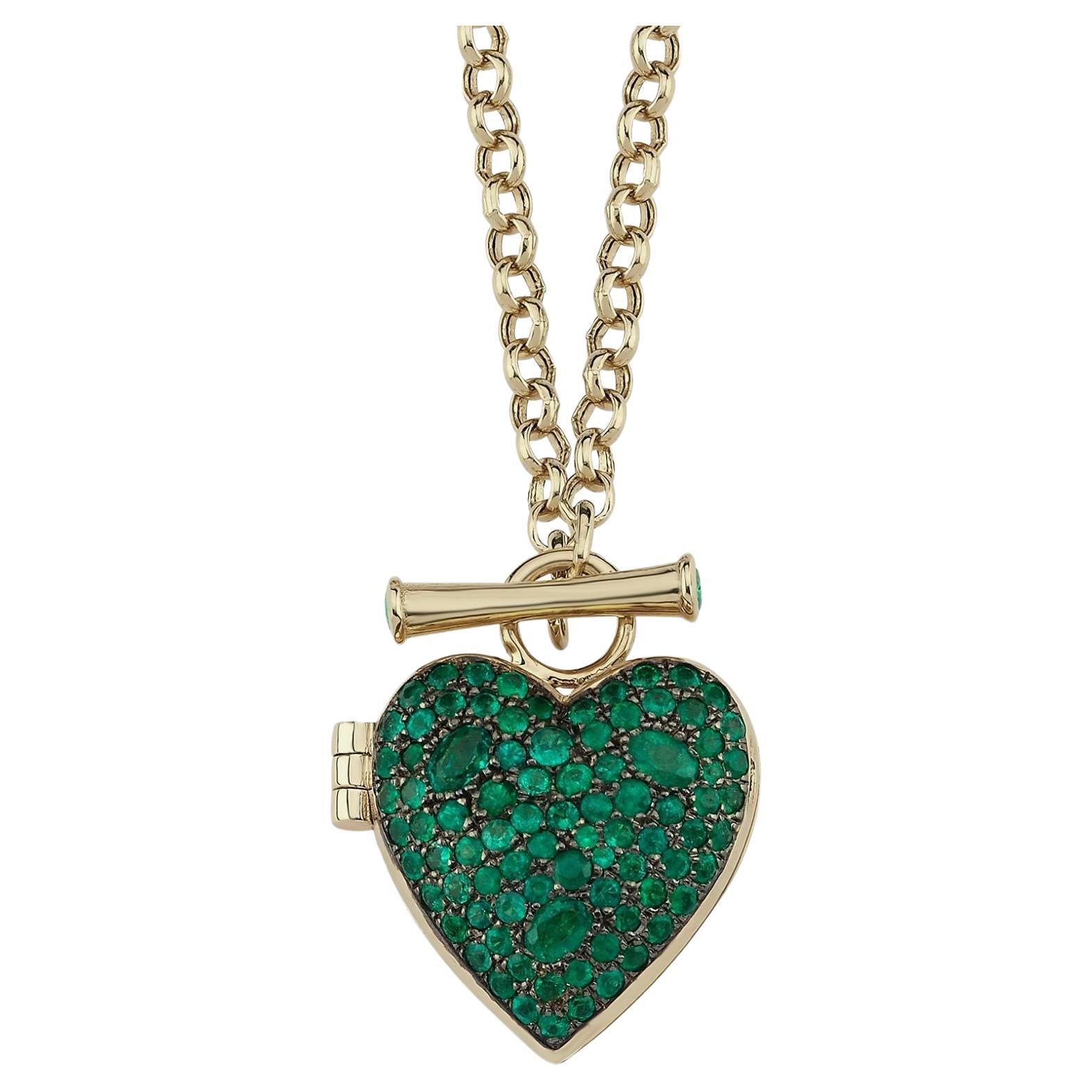 Melie Jewelry Heart Locket Necklace In 14K Gold & Emerald For Sale