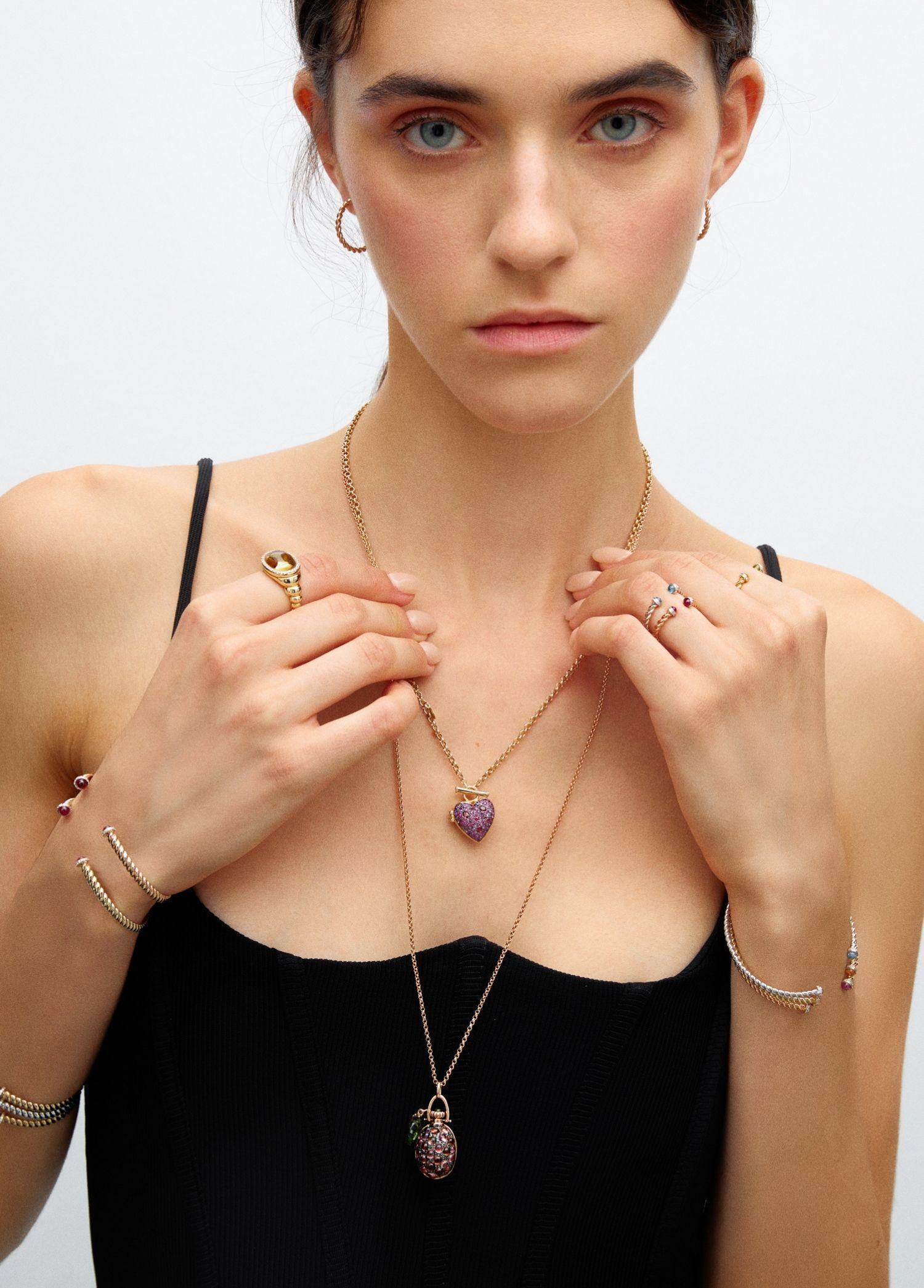 Brilliant Cut Melie Jewelry Heart Locket Necklace In 14K Gold & Ruby