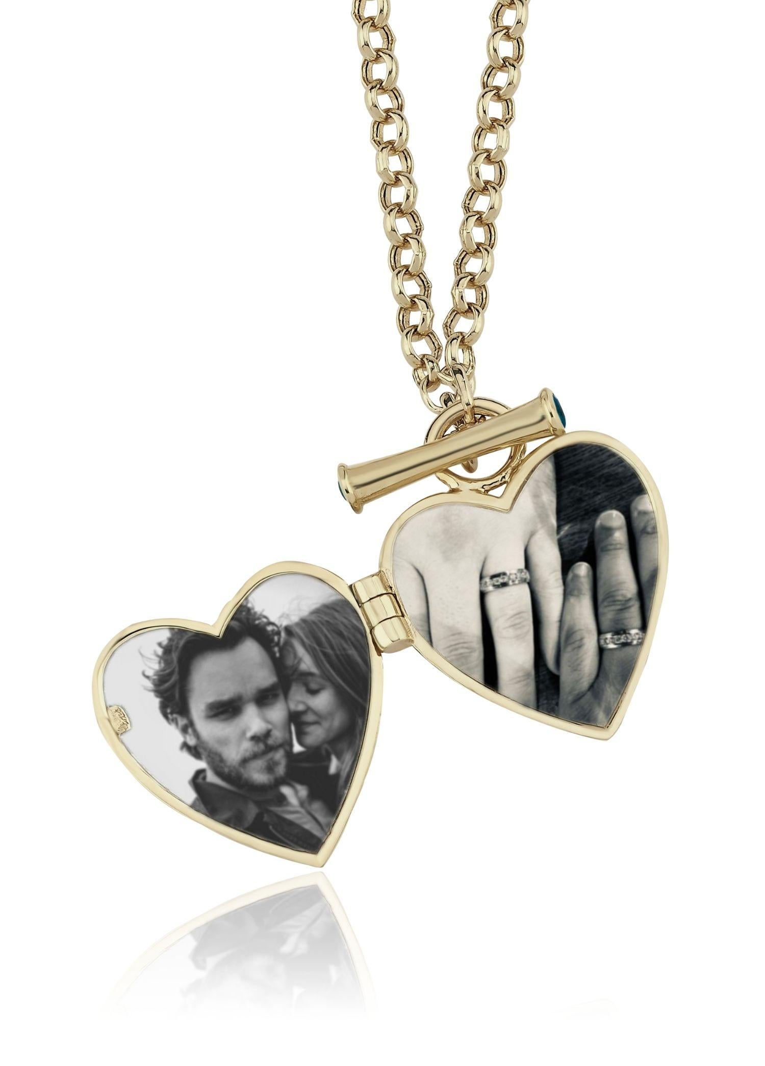 Modern Melie Jewelry Heart Locket Necklace In 14K Gold & Sapphire For Sale