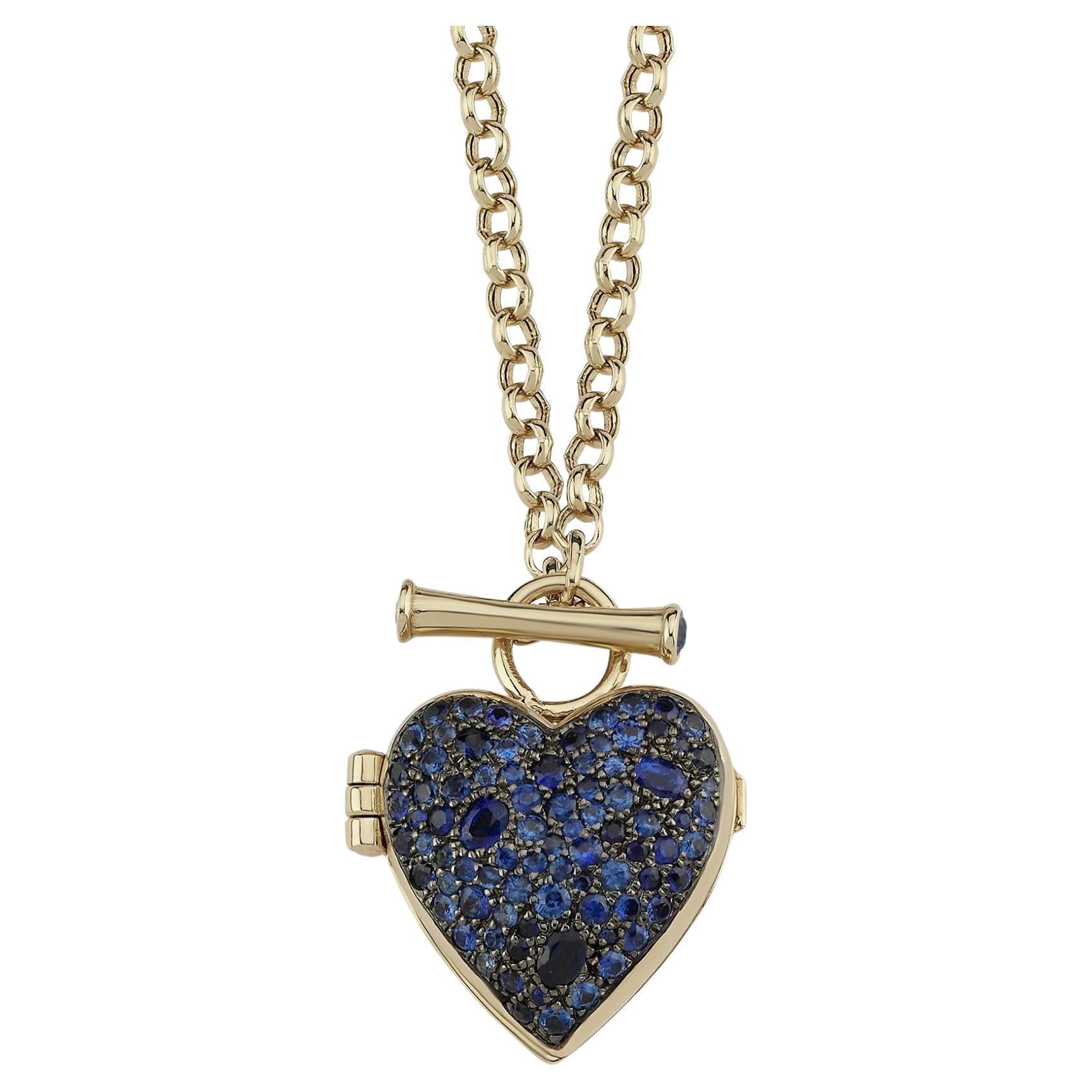 Melie Jewelry Heart Locket Necklace In 14K Gold & Sapphire For Sale