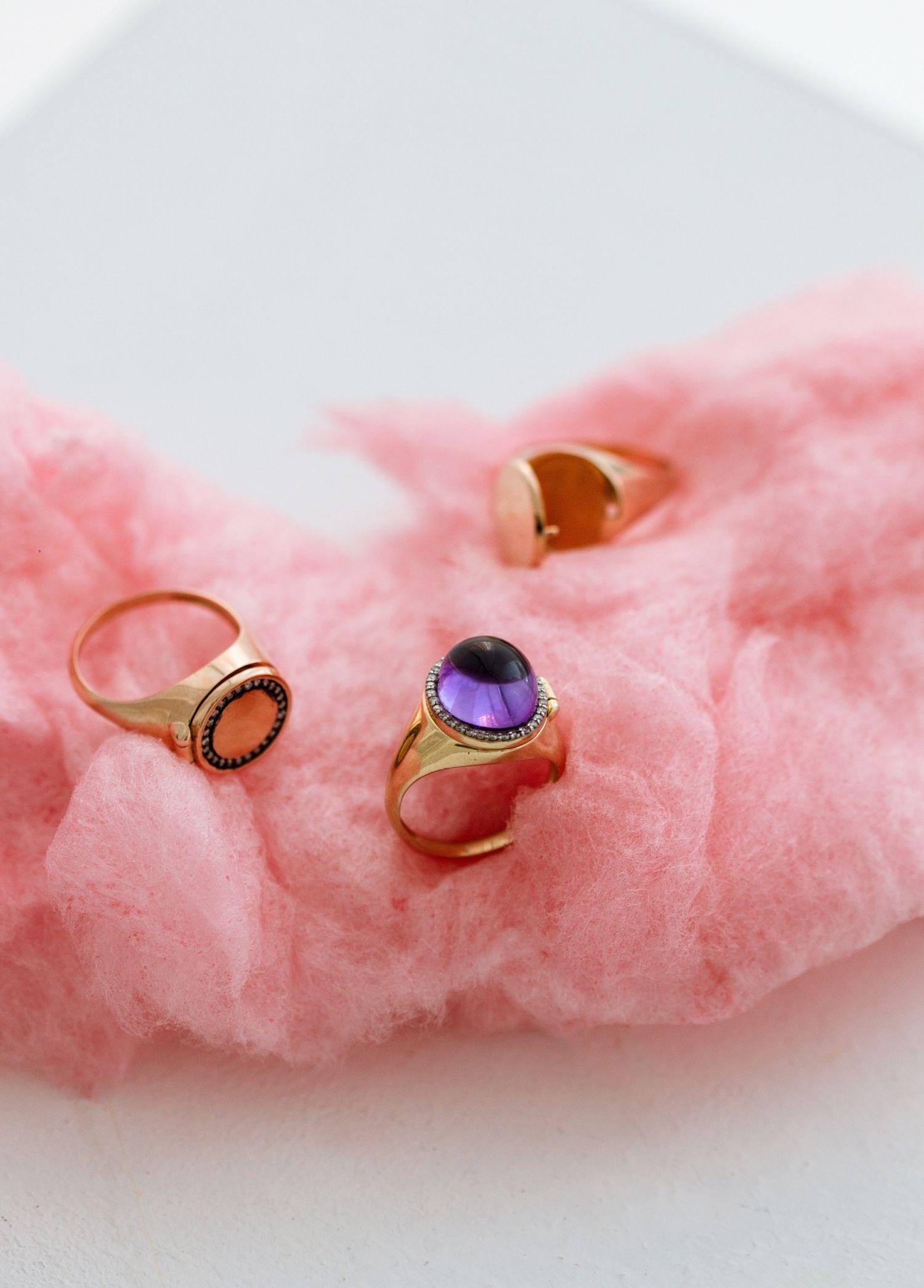 Melie Jewelry Locket Ring en or 14 carats avec diamants et améthyste Neuf - En vente à Levent, 34