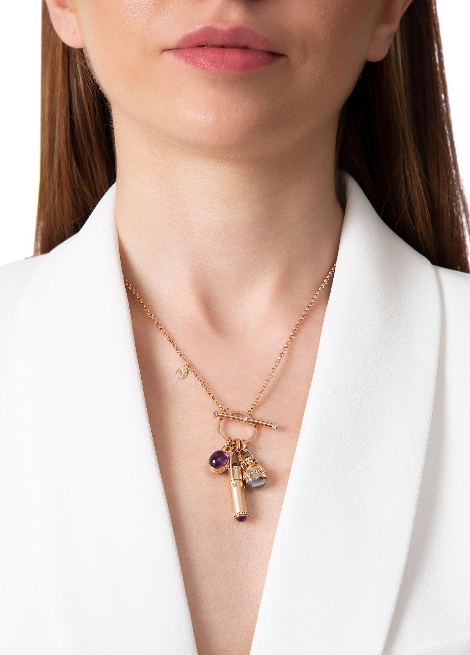 Moderne Melie Jewelry, breloque pendentif flacon de parfum en or 14 carats avec diamants et pierres précieuses  en vente