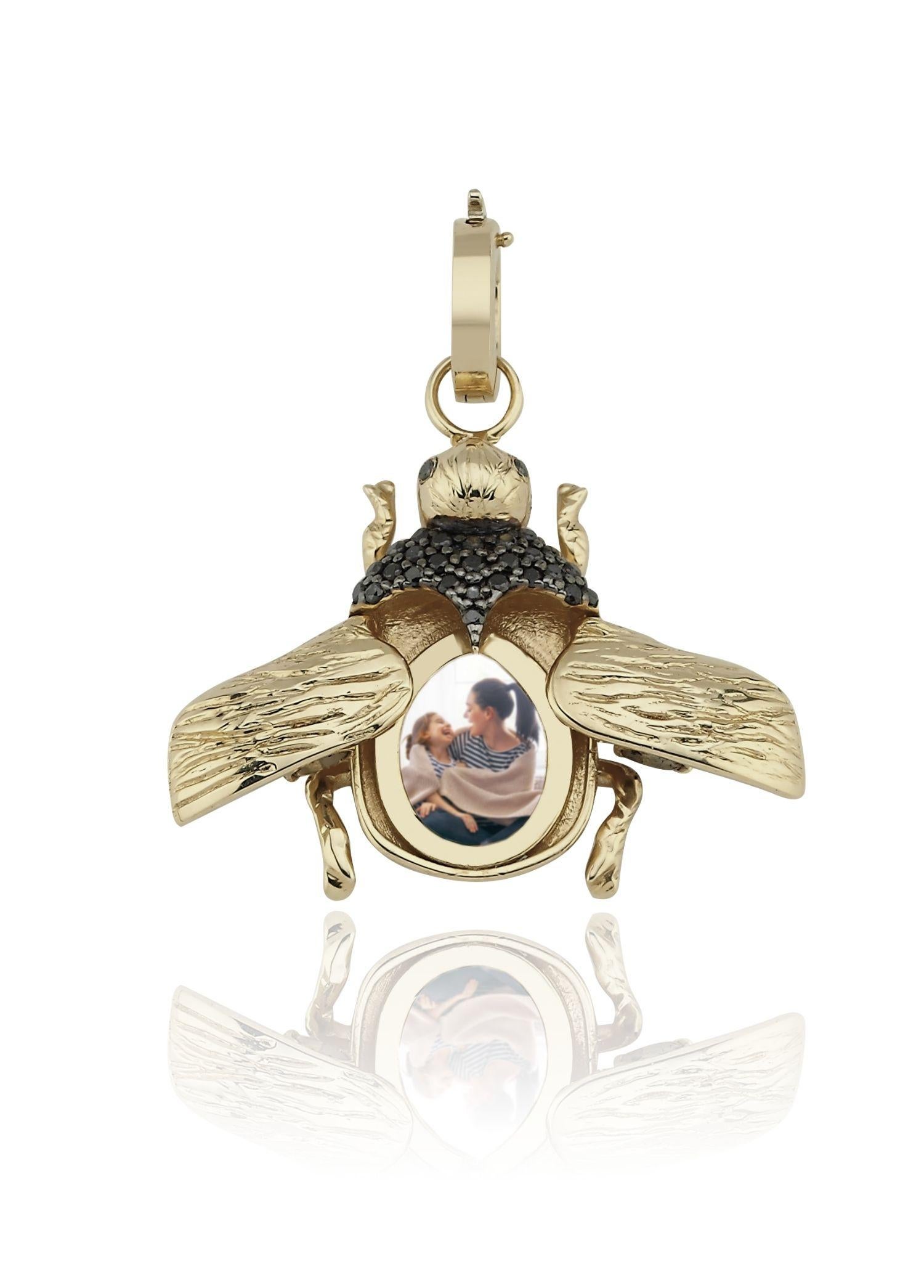 Modern Melie Jewelry Scarab Locket Charm In 14K Gold & Black Diamond For Sale