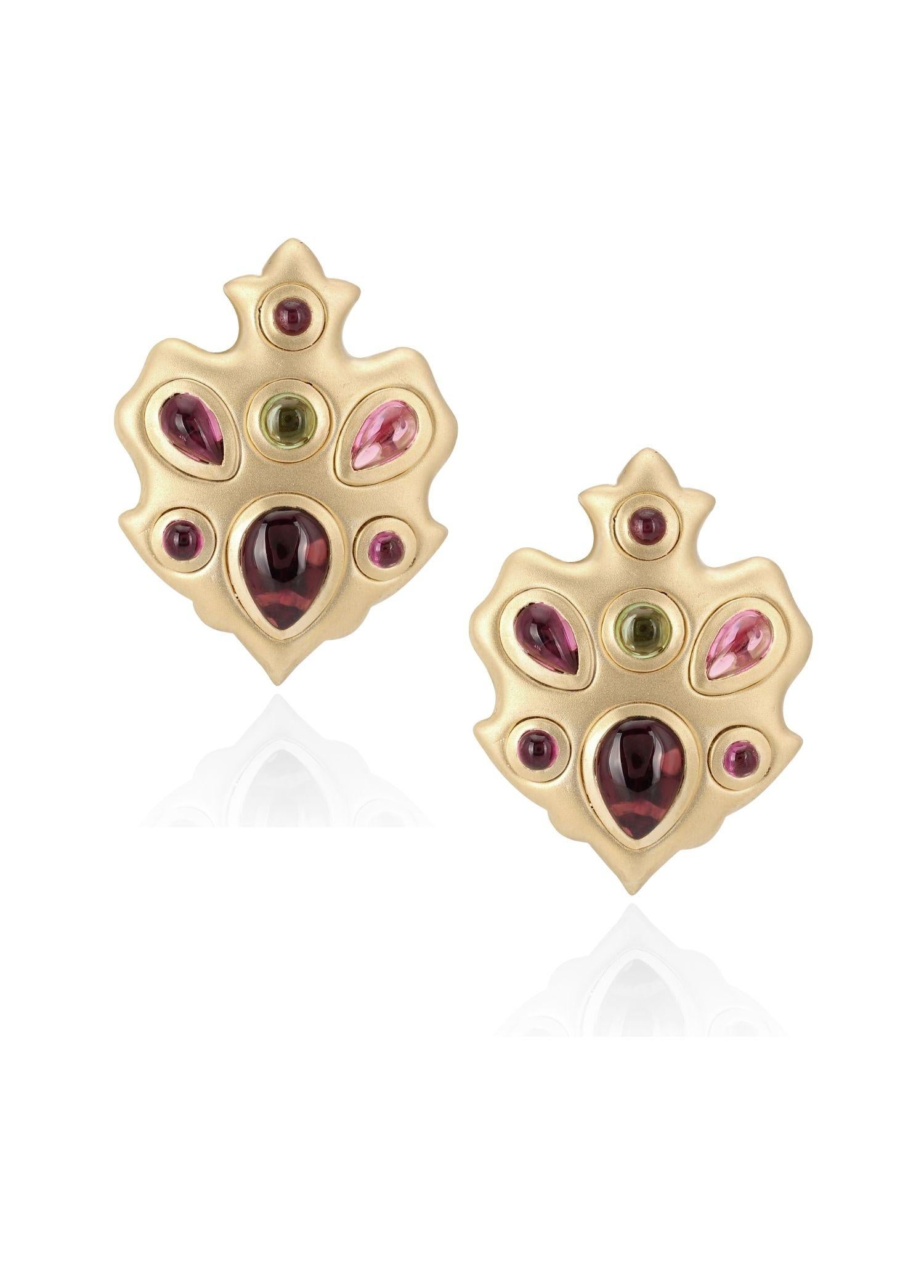 Modern Melie Jewelry Shield Earrings In 14K Gold with Tourmaline  For Sale