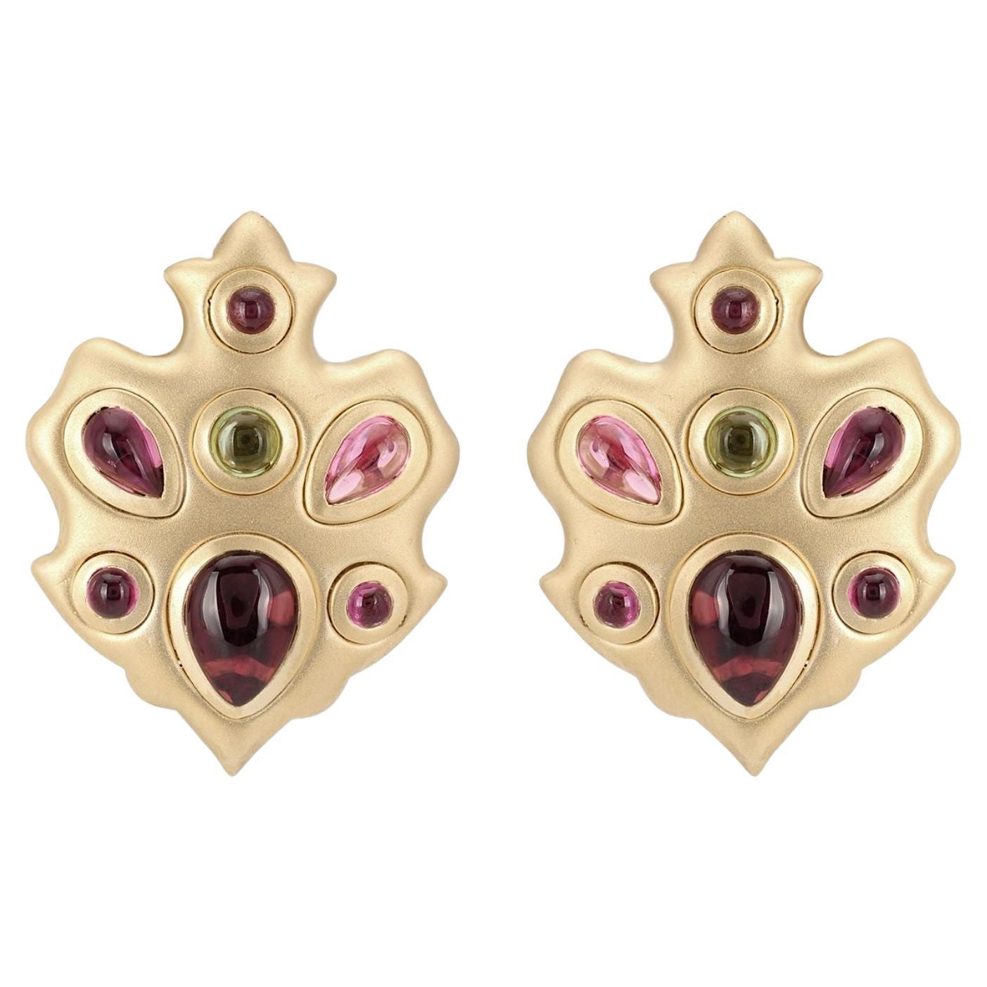 Melie Jewelry Shield Earrings In 14K Gold with Tourmaline  For Sale