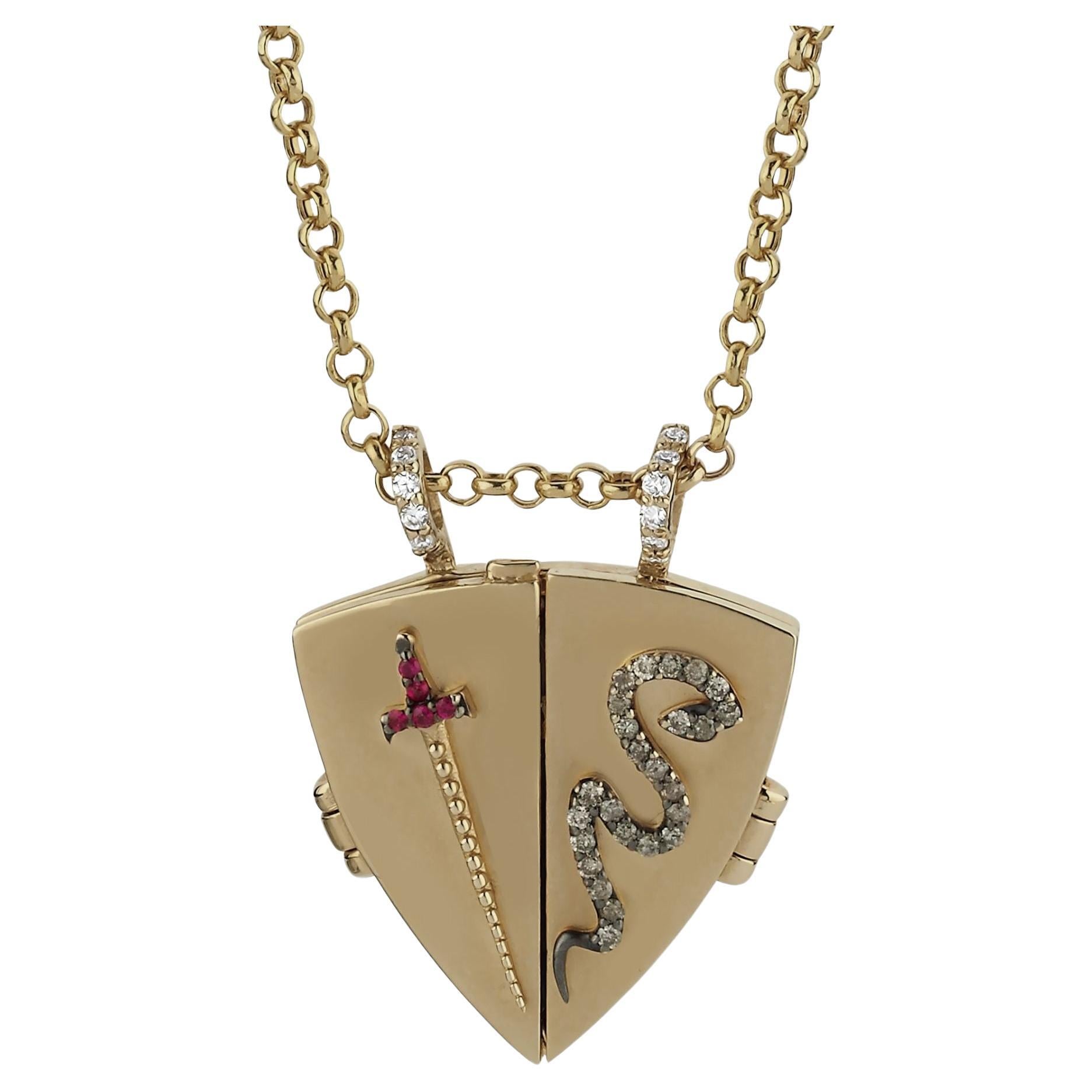 Melie Jewelry Sword & Snake Locket Necklace In 14K Gold With Diamond & Ruby For Sale