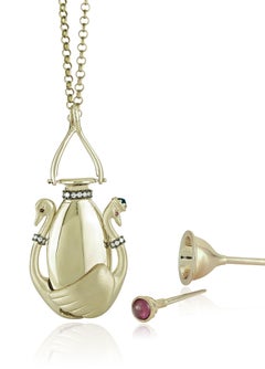 Melie Jewelry Swan Perfume Bottle Necklace in 18K Gold & Diamond Sapphire & Ruby