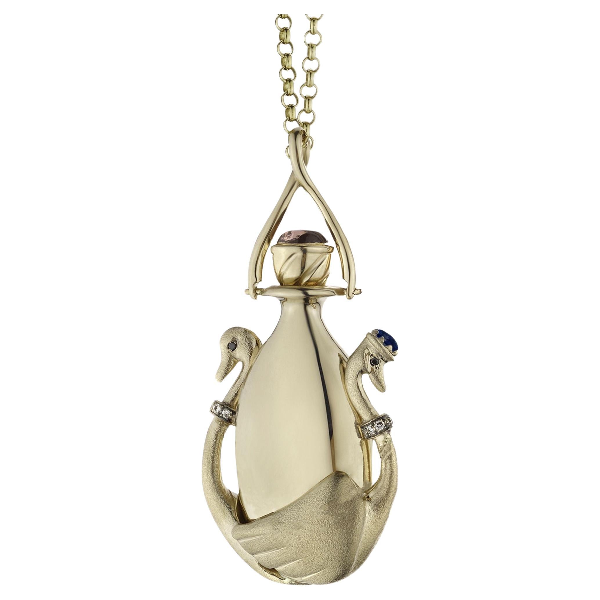 Melie Jewelry Swan Perfume Bottle Necklace in 18K Gold & Diamond Sapphire & Ruby