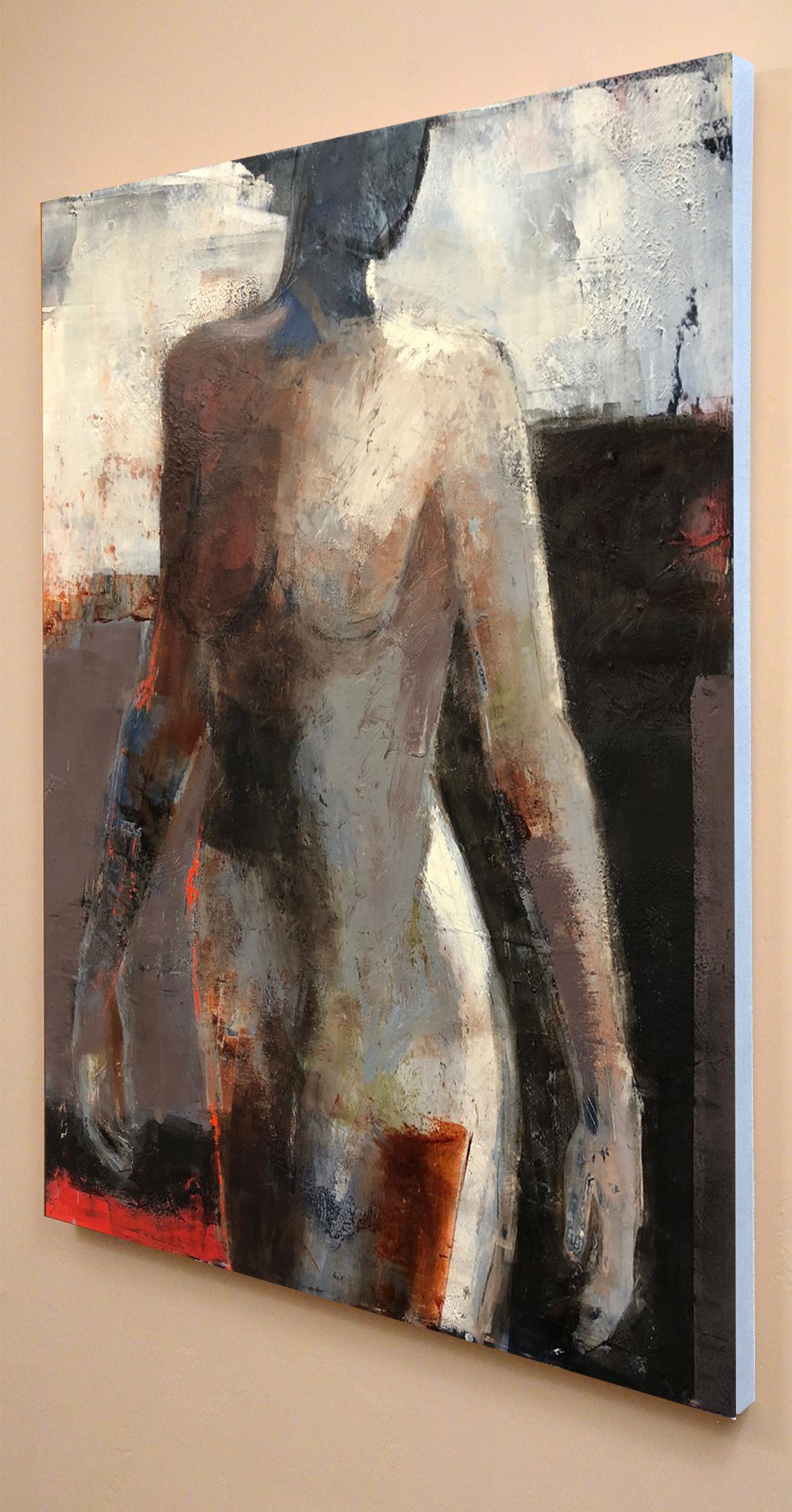 Opening, Mid Century Female Figure in Light, Abstract, Neutral Tones - Feminist Painting by Melinda Cootsona