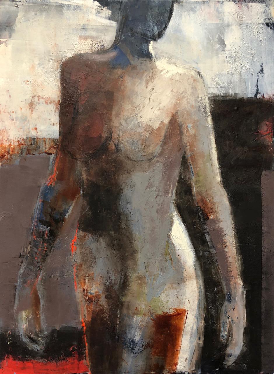 Melinda Cootsona Figurative Painting - Opening, Mid Century Female Figure in Light, Abstract, Neutral Tones