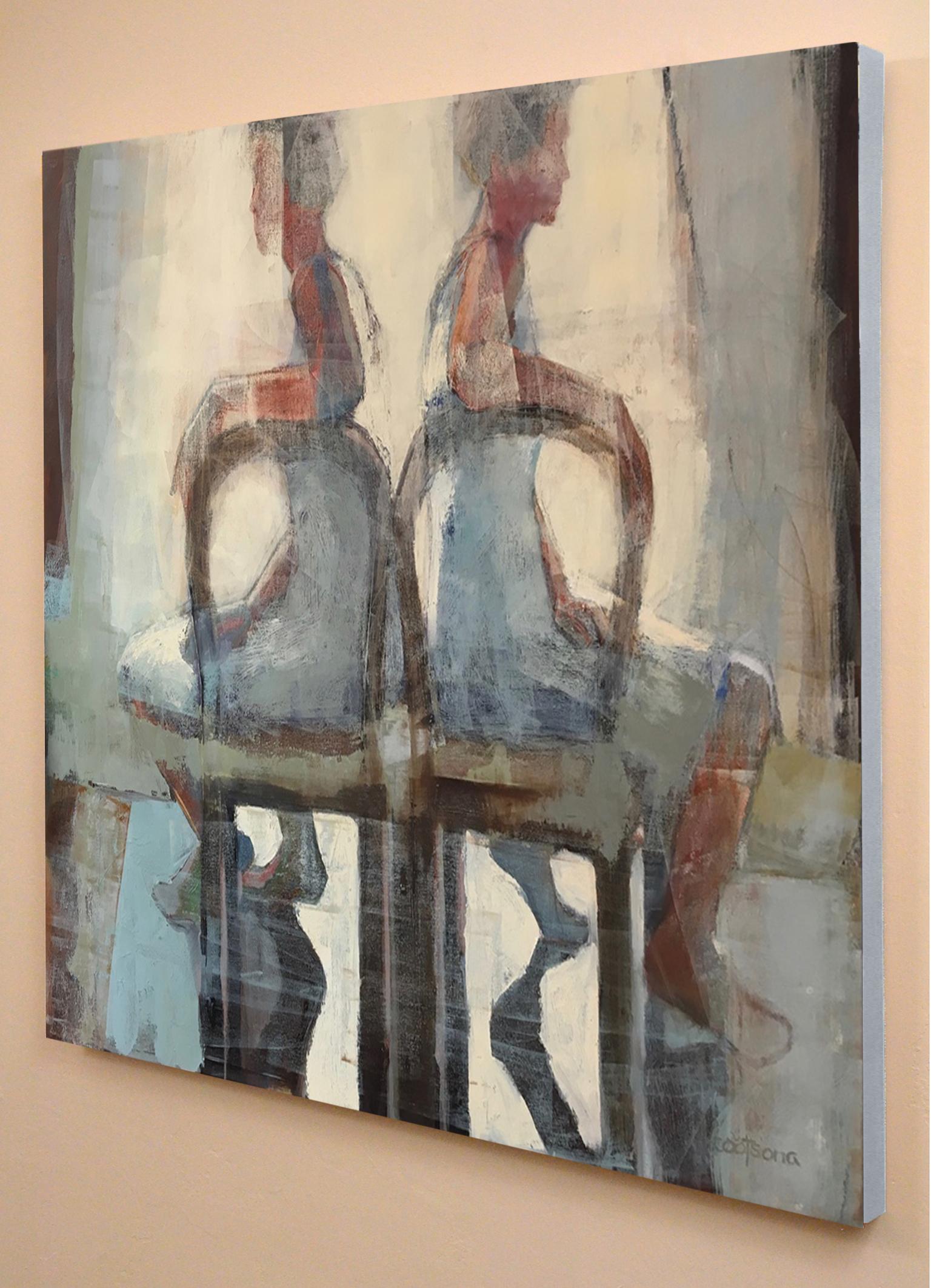 Window, Mid Century, Female Figure in Light, Abstract, Neutral Tones - Painting by Melinda Cootsona