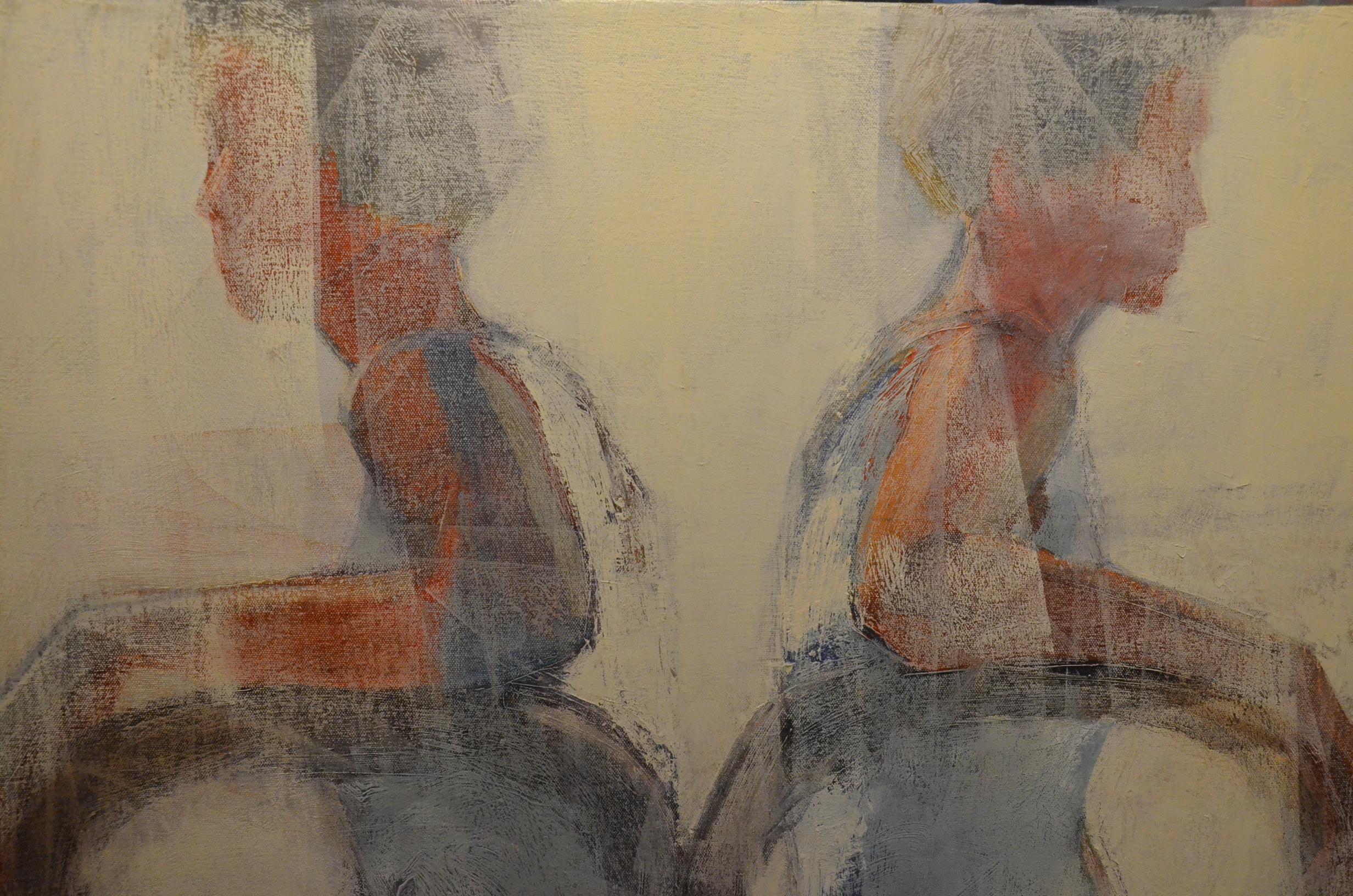 Window, Mid Century, Female Figure in Light, Abstract, Neutral Tones - Feminist Painting by Melinda Cootsona