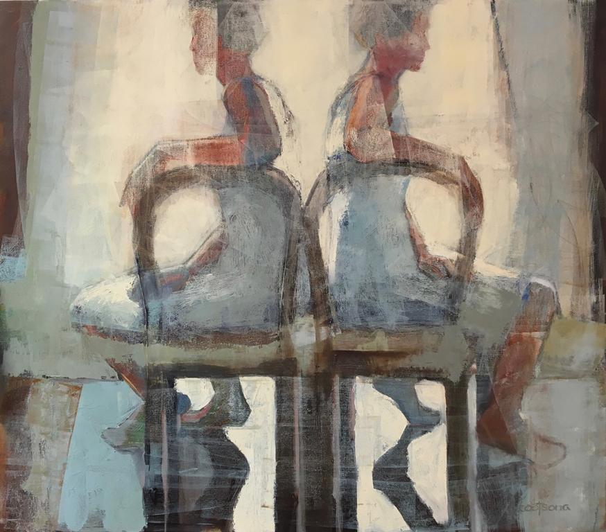 Melinda Cootsona Abstract Painting - Window, Mid Century, Female Figure in Light, Abstract, Neutral Tones