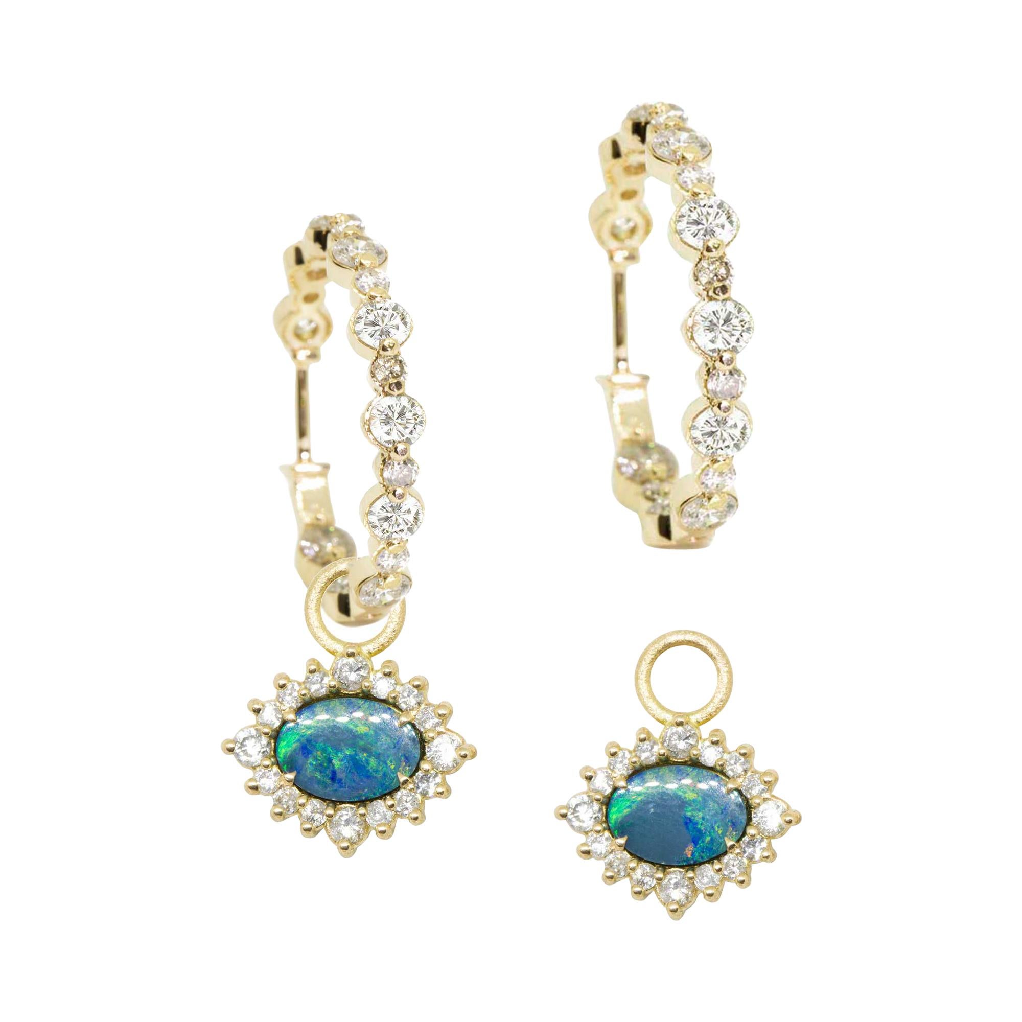 Melinda Lace Pave Hoops Adorn Opal 18 Karat Gold Earrings For Sale