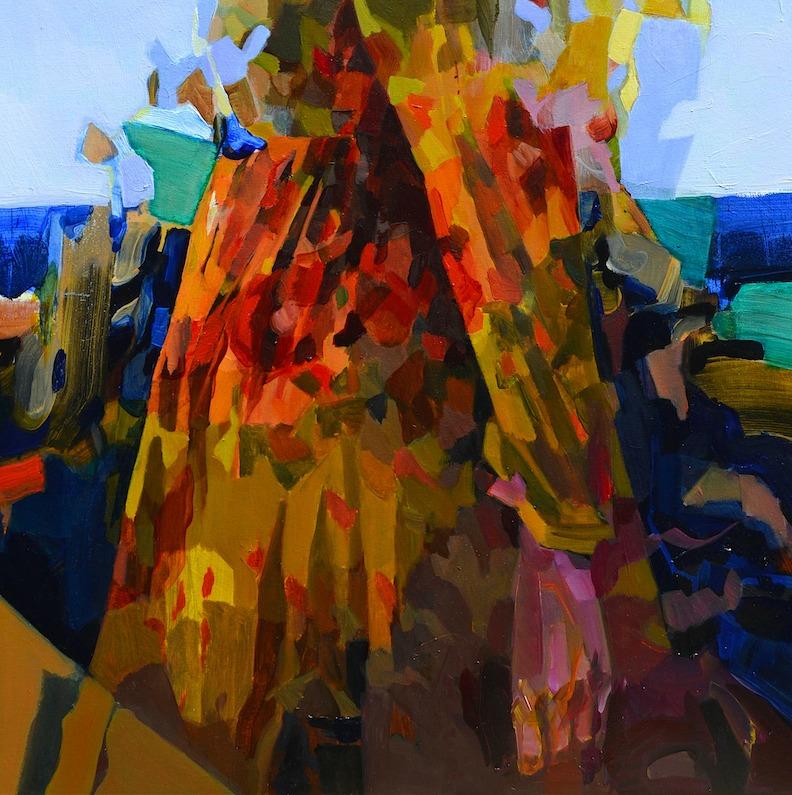 'Blue Horizon' is a great figurative abstract oil painting on canvas by emerging British artist - Melinda Matyas. Its is a portrait of a young girl wearing a bright yellow dress. This art work is inspired by the coronavirus pandemic and an extensive