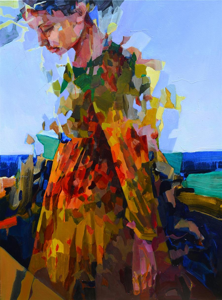 Melinda Matyas Portrait Painting - Blue Horizon, Abstract Figurative Oil Painting Contemporary Portrait Orange Blue