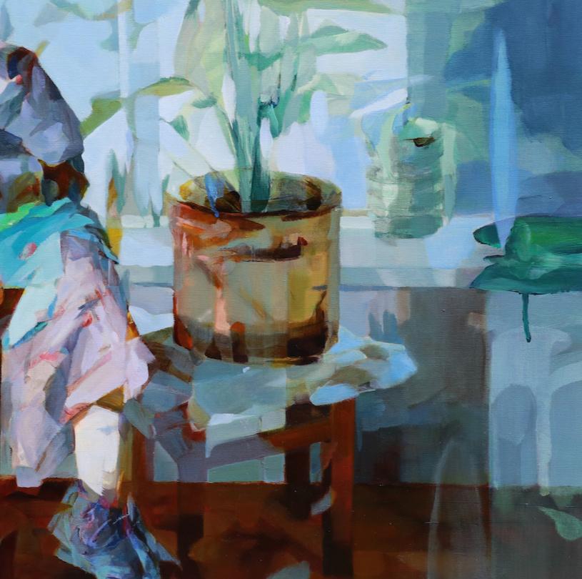 'Breakfast Forever' is a great figurative abstract oil painting on canvas by emerging British artist - Melinda Matyas. Its is a portrait of a senior woman enjoying breakfast time at home. This art work is inspired by the coronavirus pandemic and an