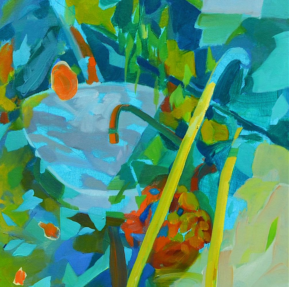 Creating Stories out of Mud and Water, Contemporary Abstract Oil Painting Green - Blue Abstract Painting by Melinda Matyas