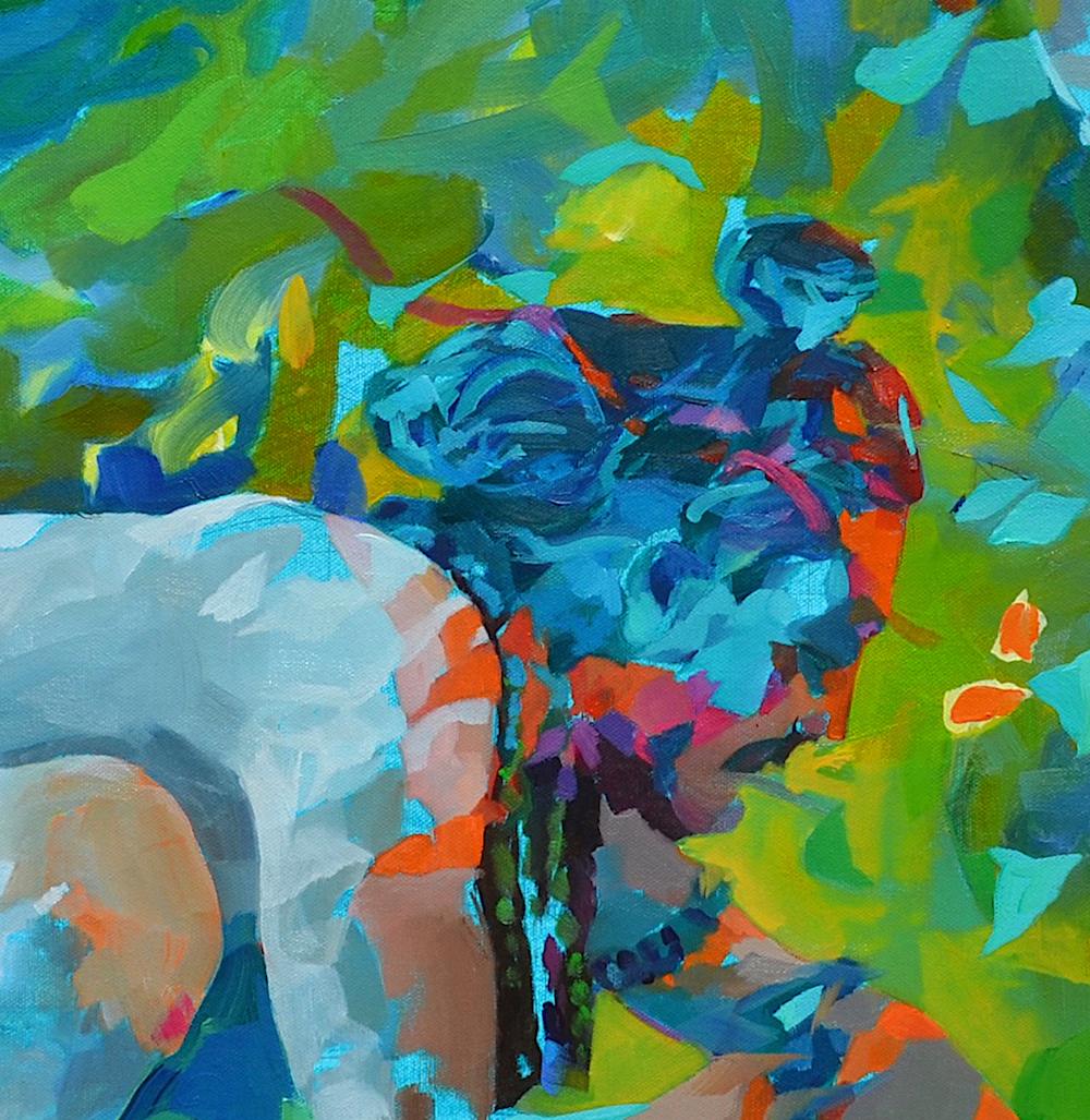 'Creating Stories our of Mud and Water' is a great figurative abstract oil painting on canvas by emerging British artist - Melinda Matyas. Its is a portrait of a person in a natural environment. Vibrant yellow and green colors have a powerful