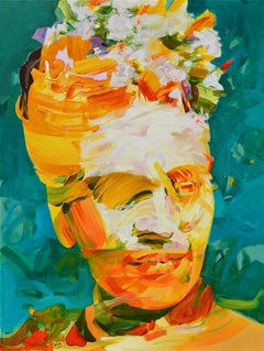 Frida as a Knight, Contemporary Abstract Figurative Oil Painting Portrait Orange