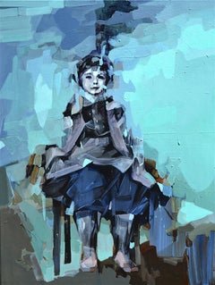 I'm Going to be a Pilot, Contemporary Abstract Portrait Girl Oil Painting Blue