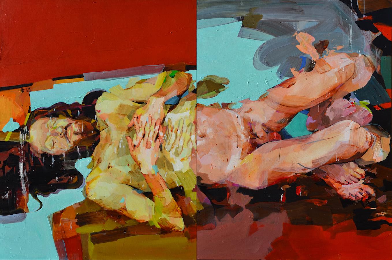 Melinda Matyas Abstract Painting - Sacred-profane Dichotomy, Contemporary Abstract Portrait Oil Painting Canvas Red