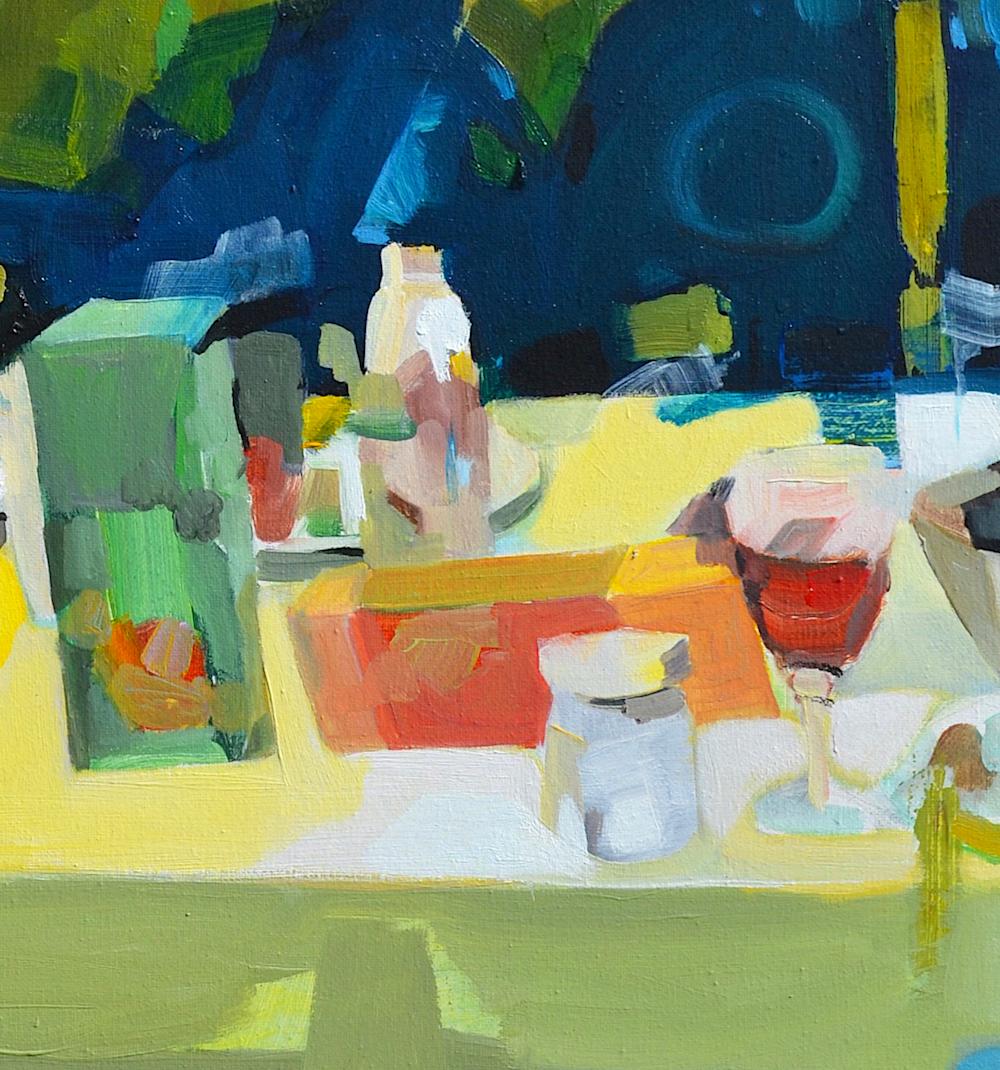 'Seven Days Running Over the Fields' is a great figurative abstract oil painting on canvas by emerging British artist - Melinda Matyas. Its is a portrait of a gathering around the table. Vibrant blue and green colors have a powerful statement and