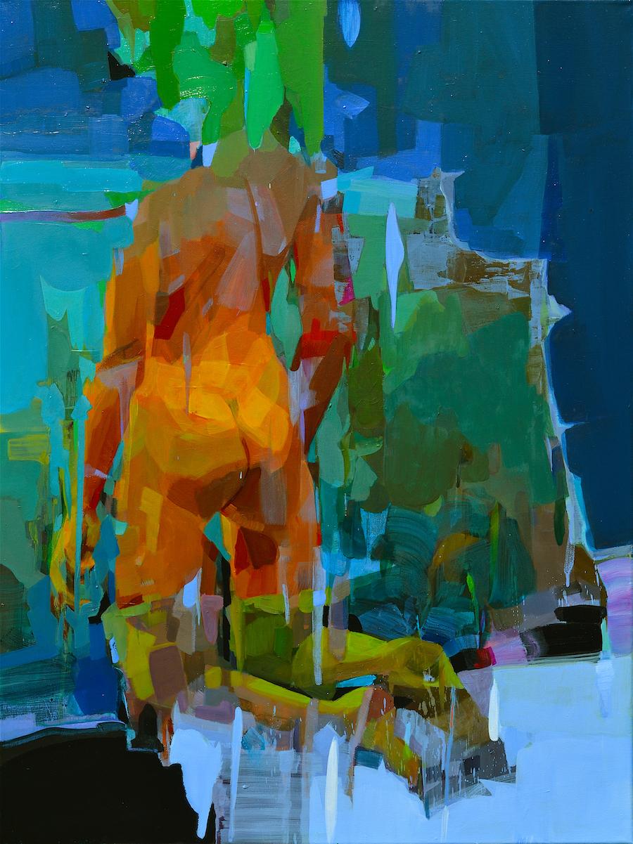 Melinda Matyas Figurative Painting – Stopping by Woods on a Snowy Evening:: Abstraktes Ölgemälde:: Leinwand:: Nude Orange