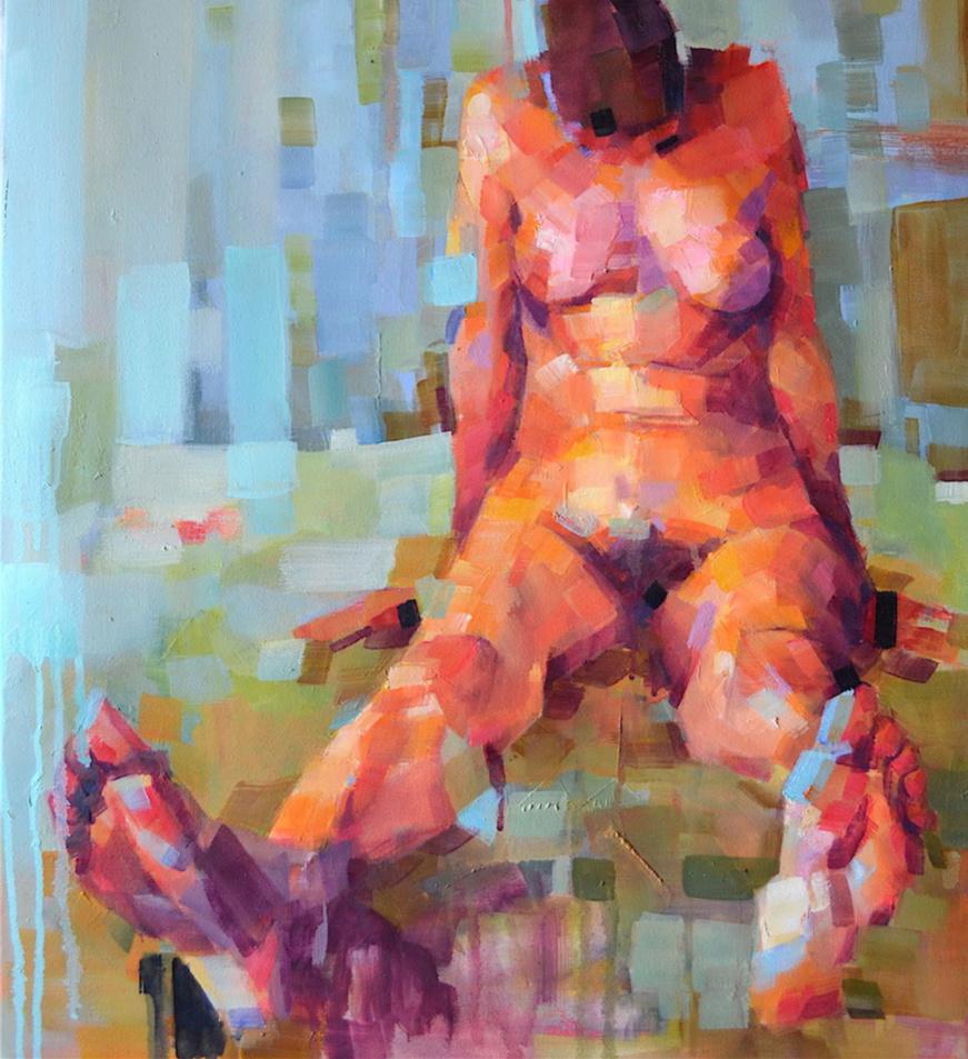 The Reflection of Gravity, Contemporary Abstract Oil Painting Portrait Orange - Black Figurative Painting by Melinda Matyas