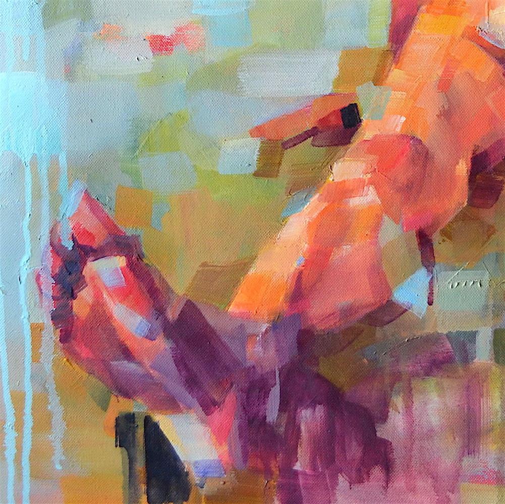 'The Reflection of Gravity' is a great figurative abstract oil painting on canvas by emerging British artist - Melinda Matyas. Its is a portrait of a nude woman. Earthy orange and  blue colors have a powerful statement and create an intimate,
