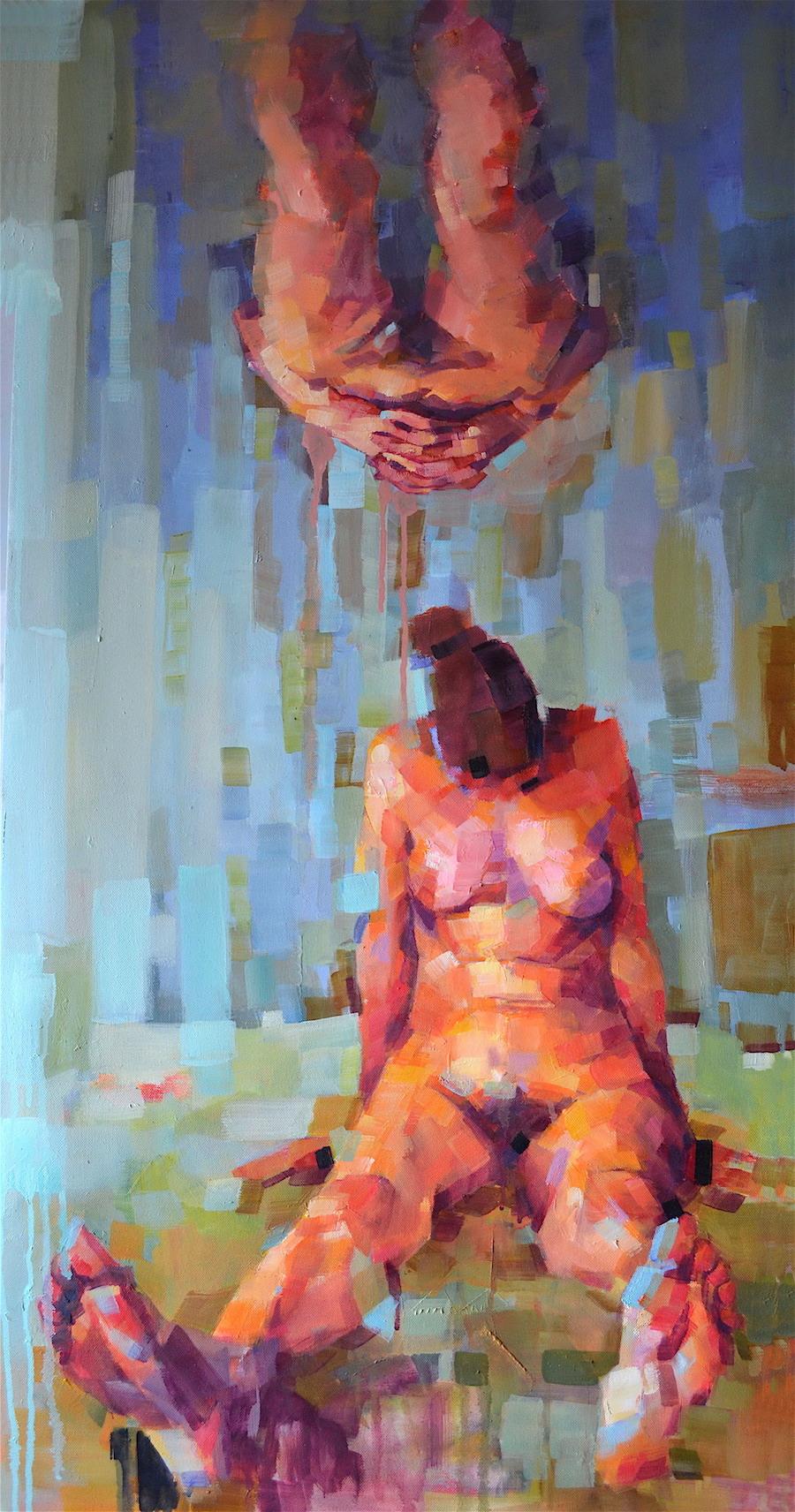 Melinda Matyas Figurative Painting - The Reflection of Gravity, Contemporary Abstract Oil Painting Portrait Orange