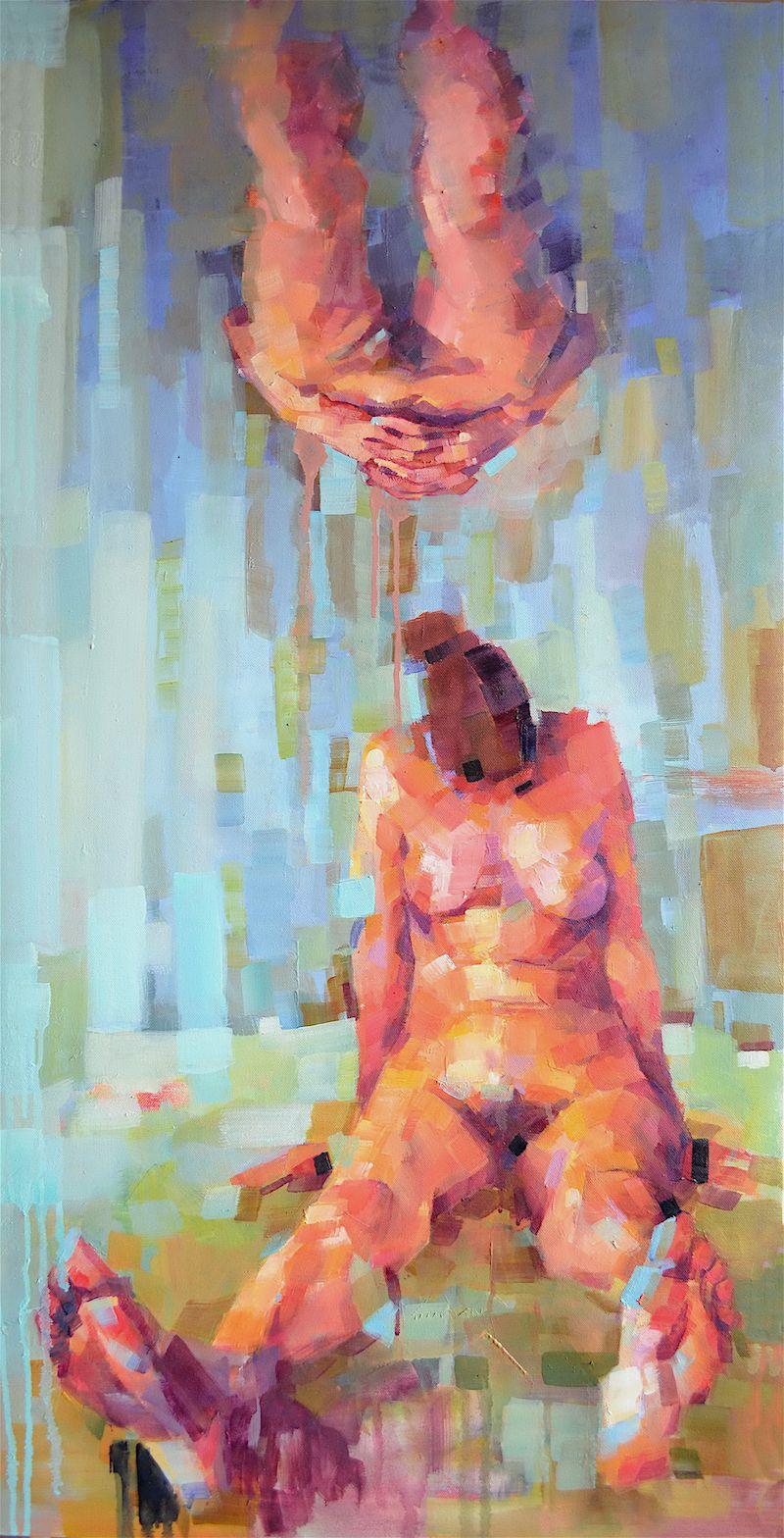 The reflection of gravity, oil on canvas, is focusing on existential issues and on the role of gravity in human life. The top figure in the painting is a 'reflection' of the bottom figure, and while the bottom one is sitting, the top figure is