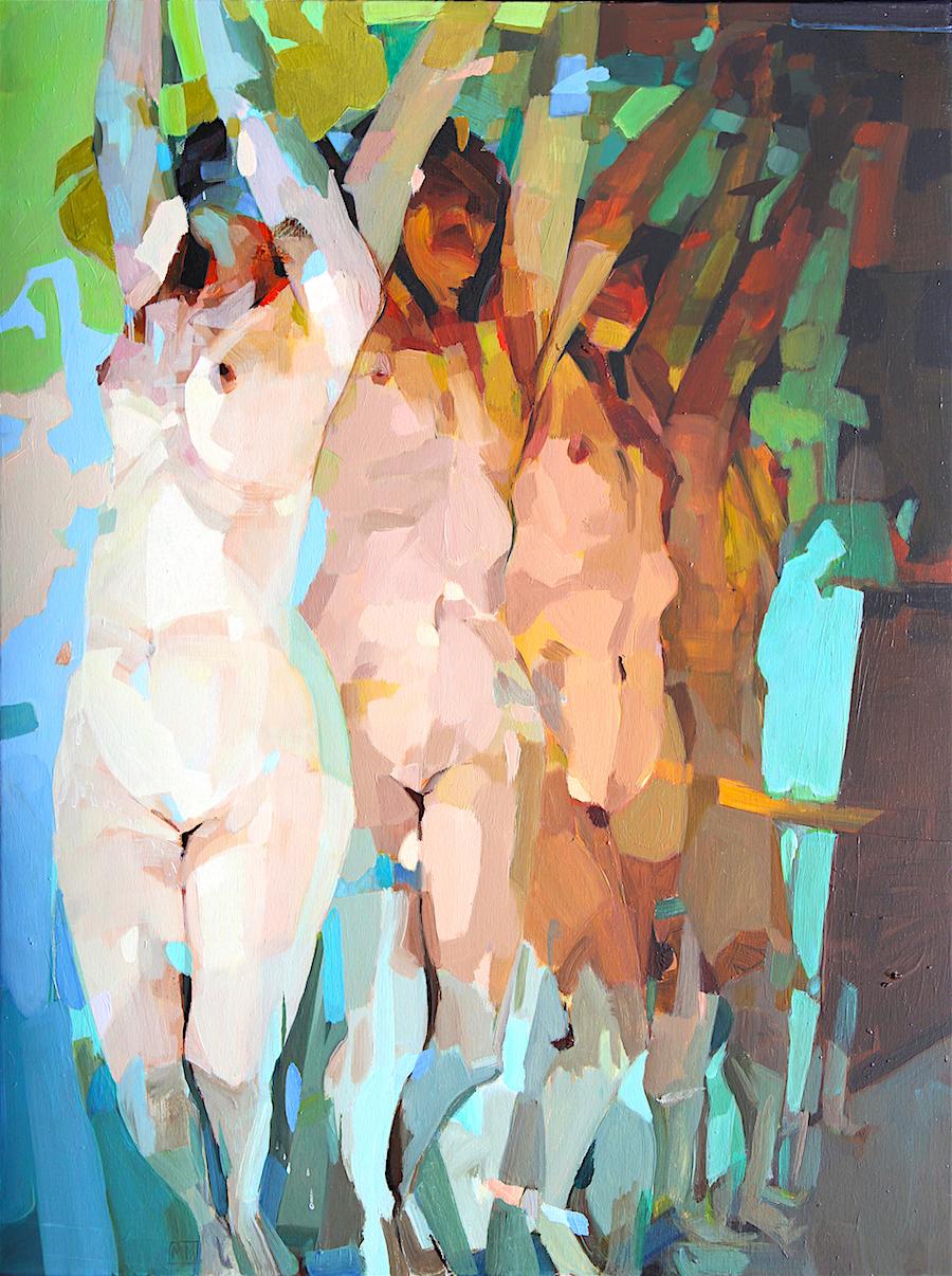 Melinda Matyas Abstract Painting - The Silence of Animals, Contemporary Abstract Women Portrait Oil Painting Blue