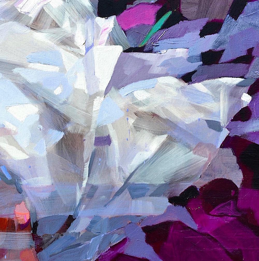 'The Wind Blow Where It Wants' is a great figurative abstract oil painting on canvas by emerging British artist - Melinda Matyas. Its is a portrait of a young woman. Vibrant purple and blue colors have a powerful statement and create a positive,