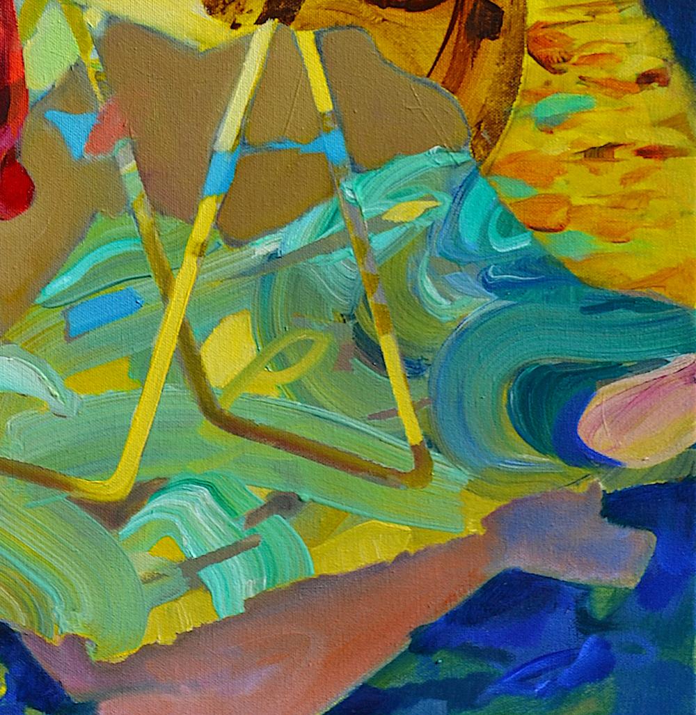 'There's a Storm Coming Uncle Tom' is a great figurative abstract oil painting on canvas by emerging British artist - Melinda Matyas. Its is a portrait of a girl and her uncle. Vibrant yellow and red colors have a powerful statement and create a