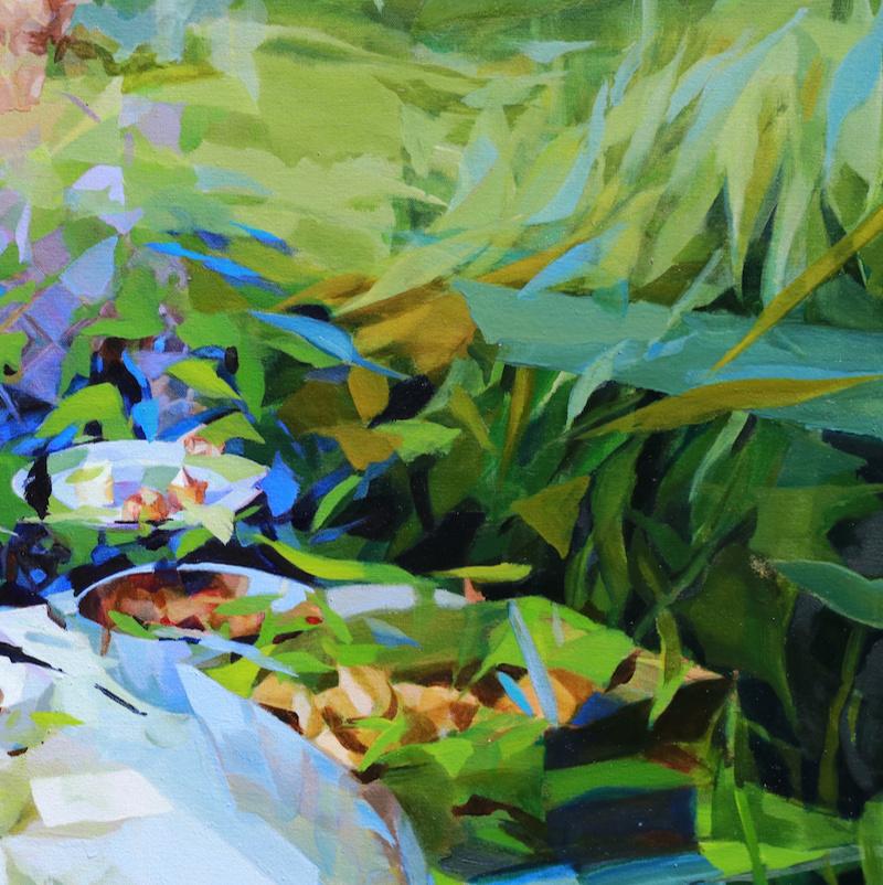 Under the Blue Sky, Abstract Expressionist Oil Painting Canvas Portrait Green - Gray Portrait Painting by Melinda Matyas
