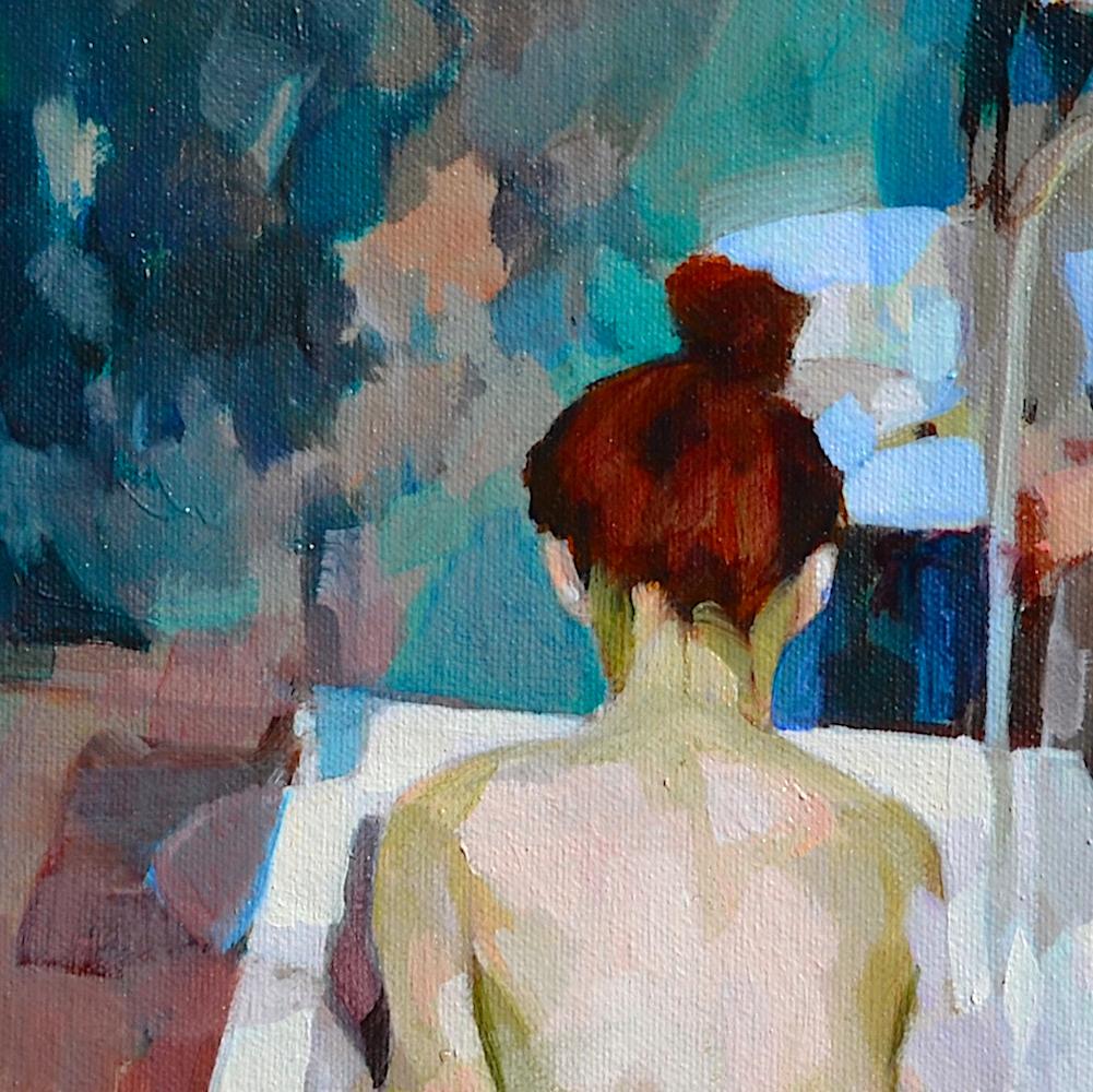 Voyager, Abstract Art Figurative Oil Painting Canvas Expressionist Portrait Blue - Gray Figurative Painting by Melinda Matyas