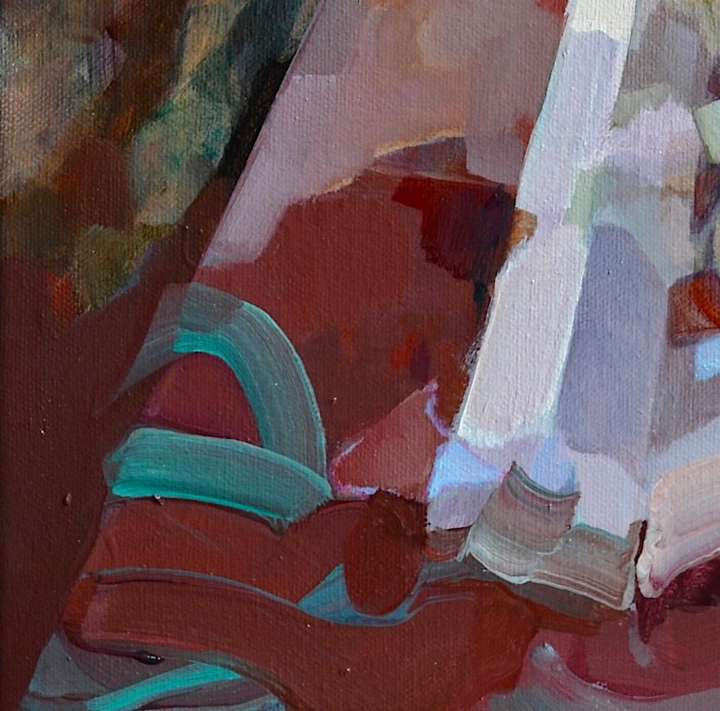 'Voyager' by Melinda Matyas is a strong figurative oil painting. This is a wonderful example of an expressionist portrait that has an abstract style, yet shows a clear figure of a woman. The stillness and silence are supported by grounding, earthy