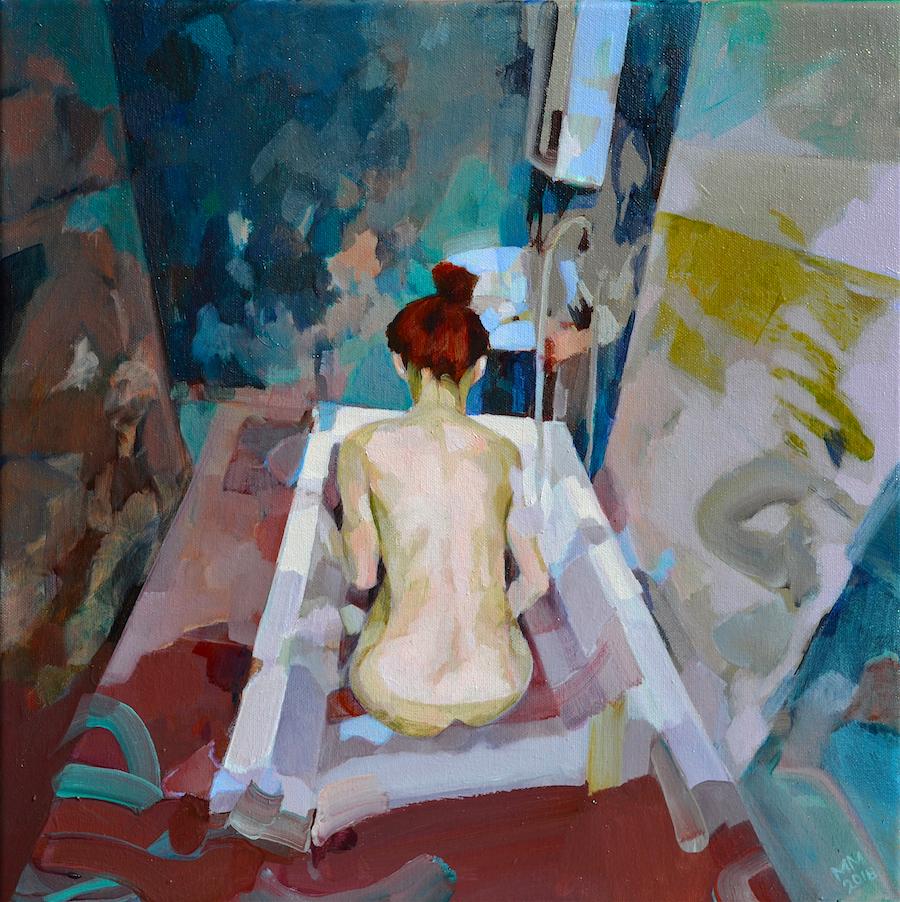 Melinda Matyas Figurative Painting - Voyager, Abstract Art Figurative Oil Painting Canvas Expressionist Portrait Blue