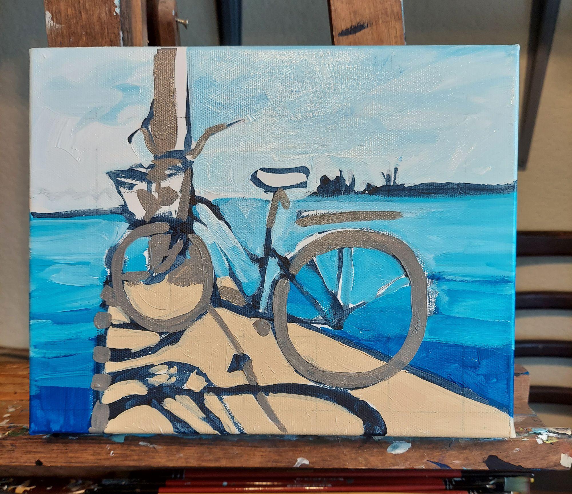 Bike left on a gravel pier on the Gulf Coast of Florida where the water is the color of turquoise. :: Painting :: Impressionist :: This piece comes with an official certificate of authenticity signed by the artist :: Ready to Hang: Yes :: Signed:
