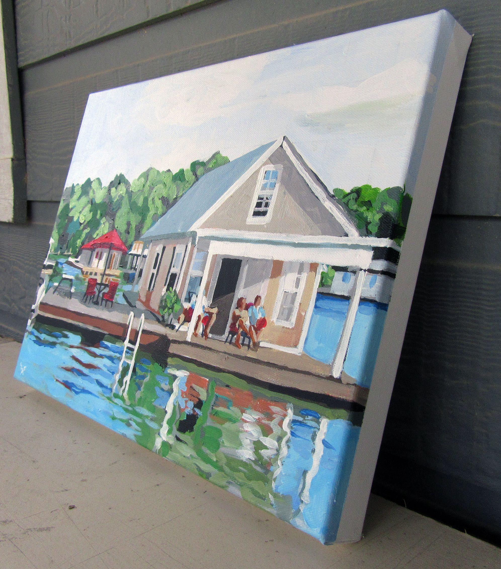 I've always wondered if I could handle living on a boathouse. This looks inviting so maybe I could. No grass to mow. :: Painting :: Impressionist :: This piece comes with an official certificate of authenticity signed by the artist :: Ready to Hang: