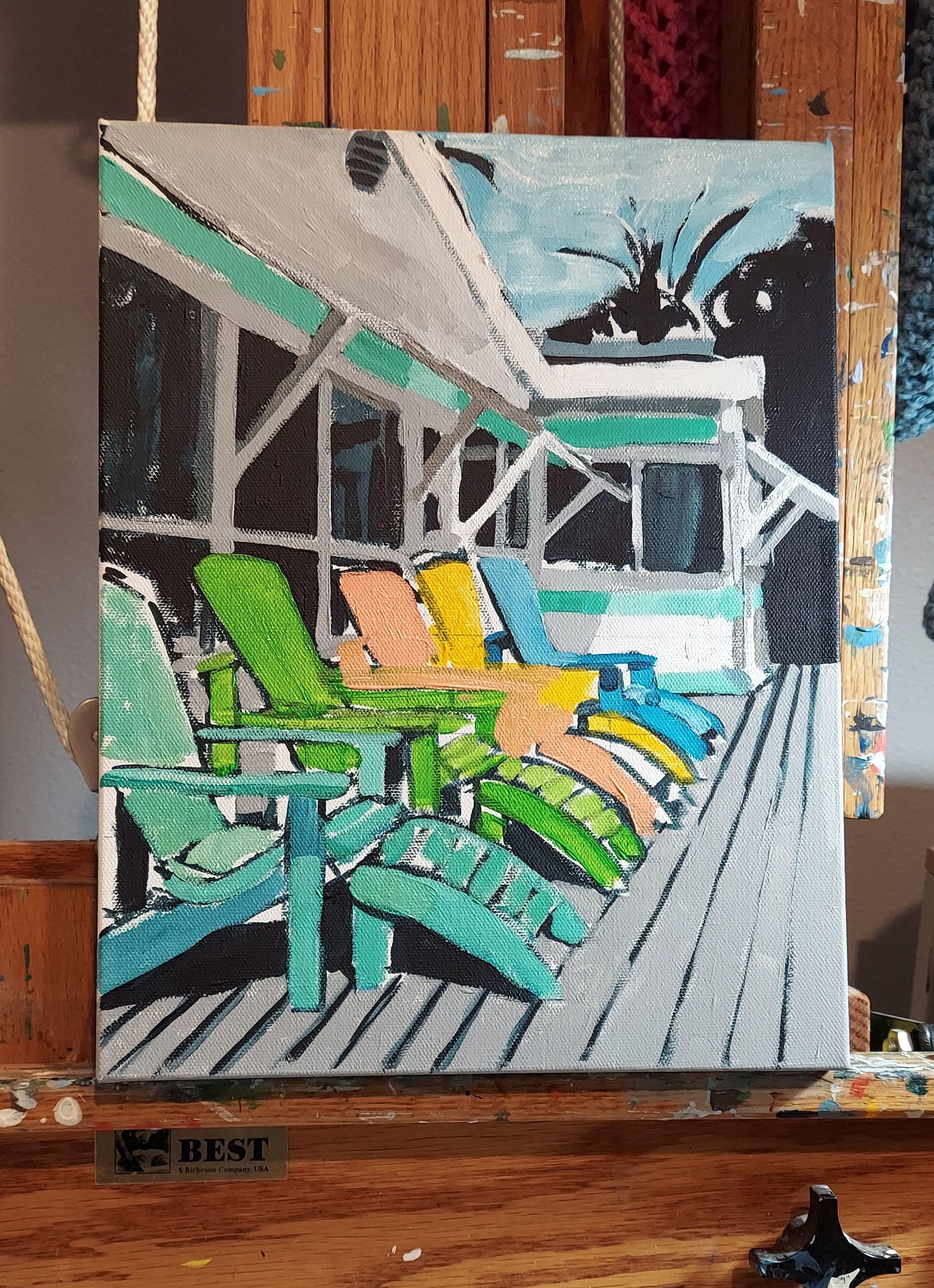 My big challenge at this time is painting a row of chairs. Or a row of anything. I get lost in the tiny pieces. Making each chair a different color helps me sort them out. Sometimes it's not people waiting - it's the chairs waiting. :: Painting ::