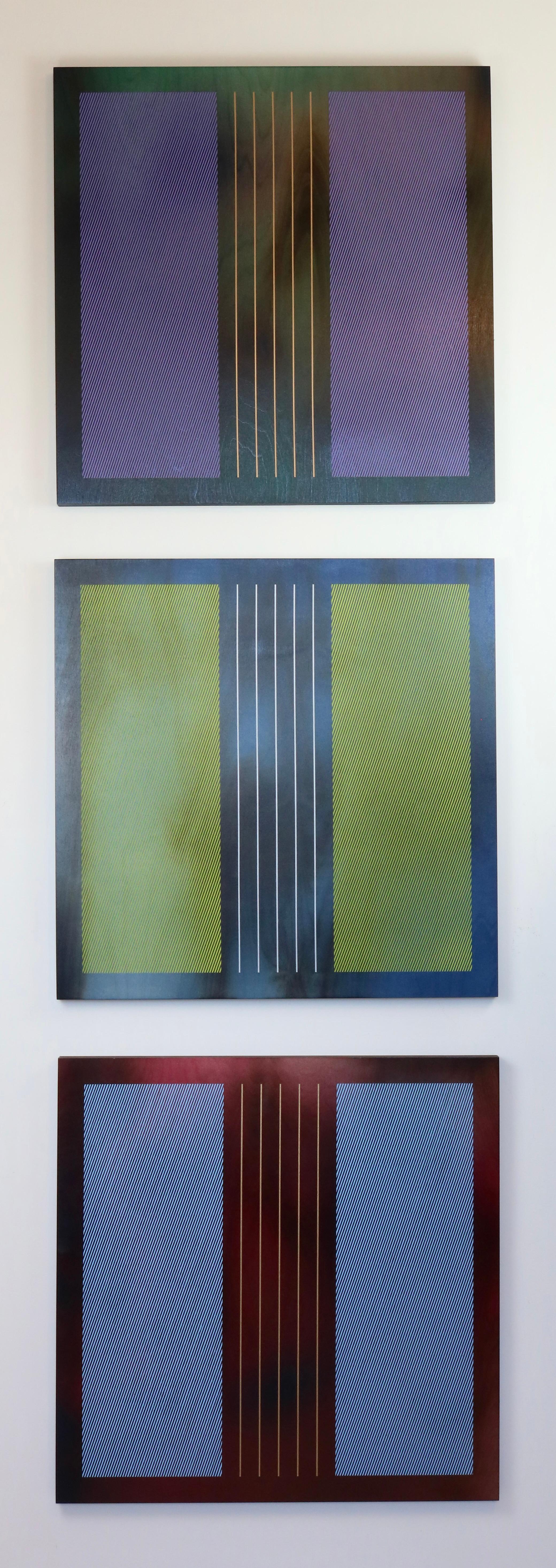Melisa Taylor Metzger Abstract Painting - 3 Mangatas tryptic panels as column (or row) (tryptic, squares, minimal, grid)