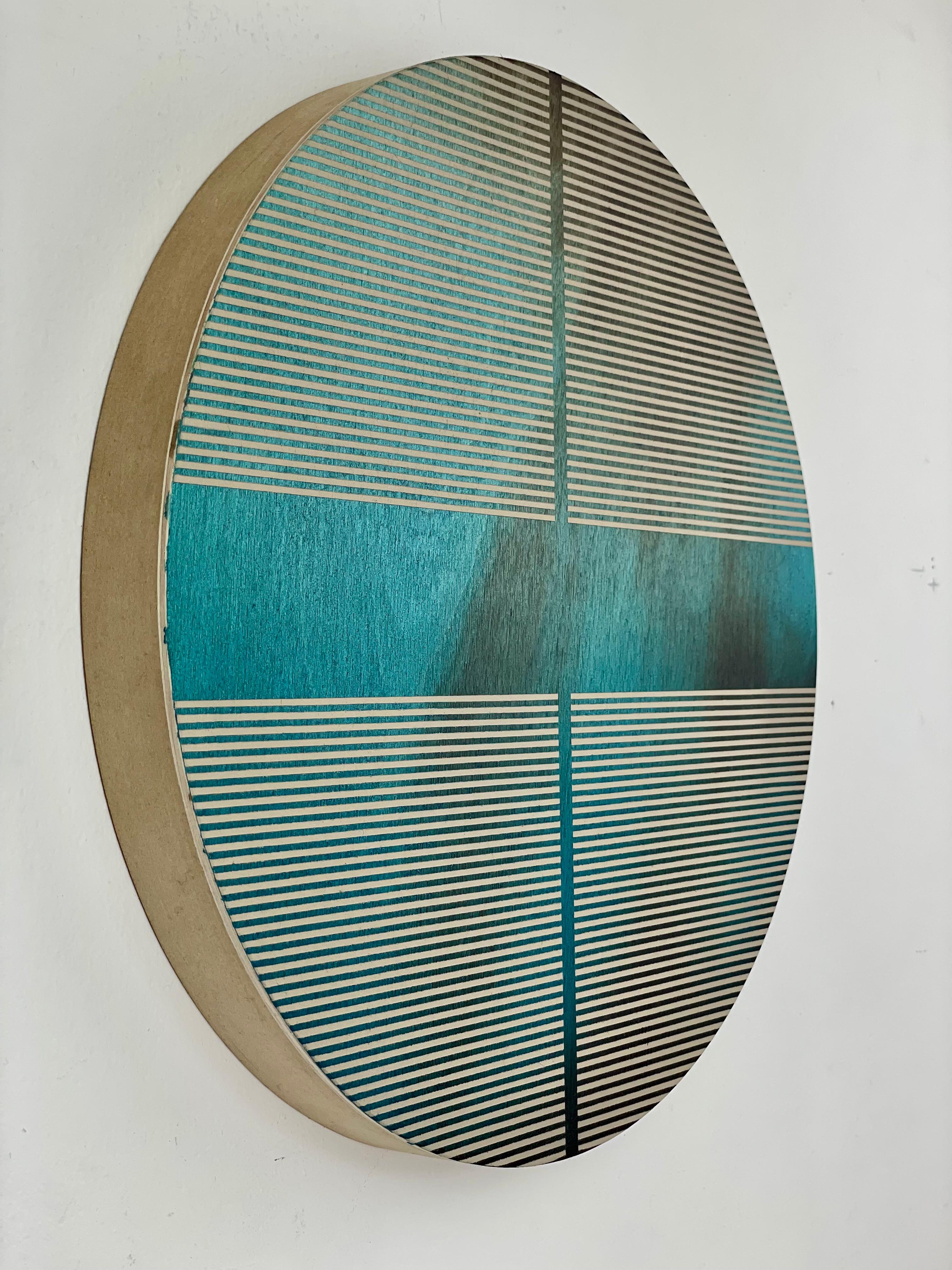 Aqua blue pill (minimaliste grid round painting on wood dopamine color vibrant) - Painting by Melisa Taylor Metzger