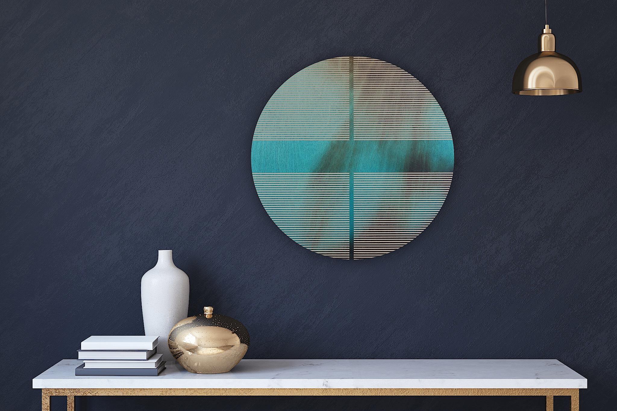 Aquablaue Pille (minimalistisches, rundes Gemälde auf Holz, dopamine Farbe leuchtend) (Minimalistisch), Painting, von Melisa Taylor Metzger