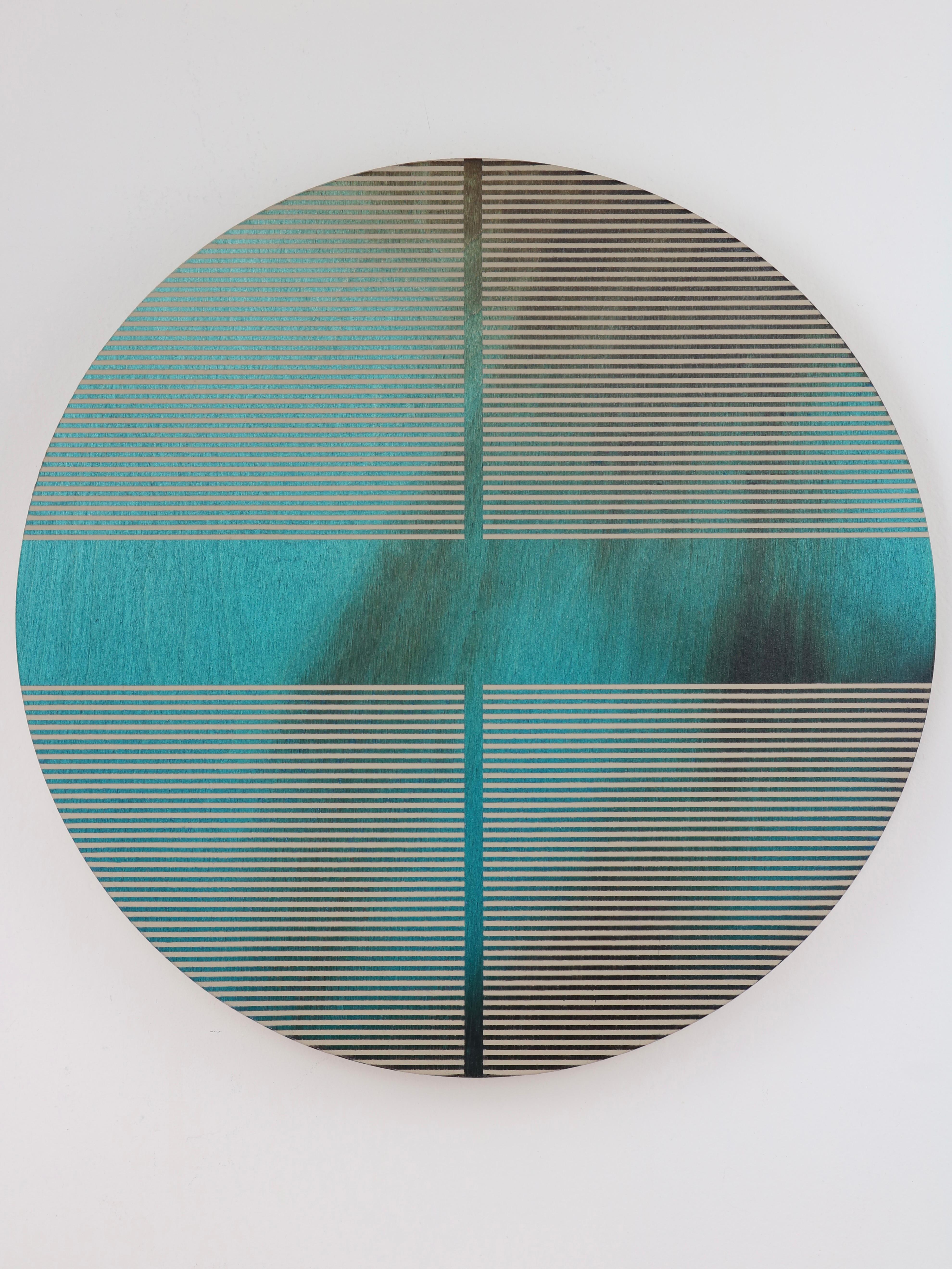 Melisa Taylor Metzger Abstract Painting - Aqua blue pill (minimaliste grid round painting on wood dopamine color vibrant)