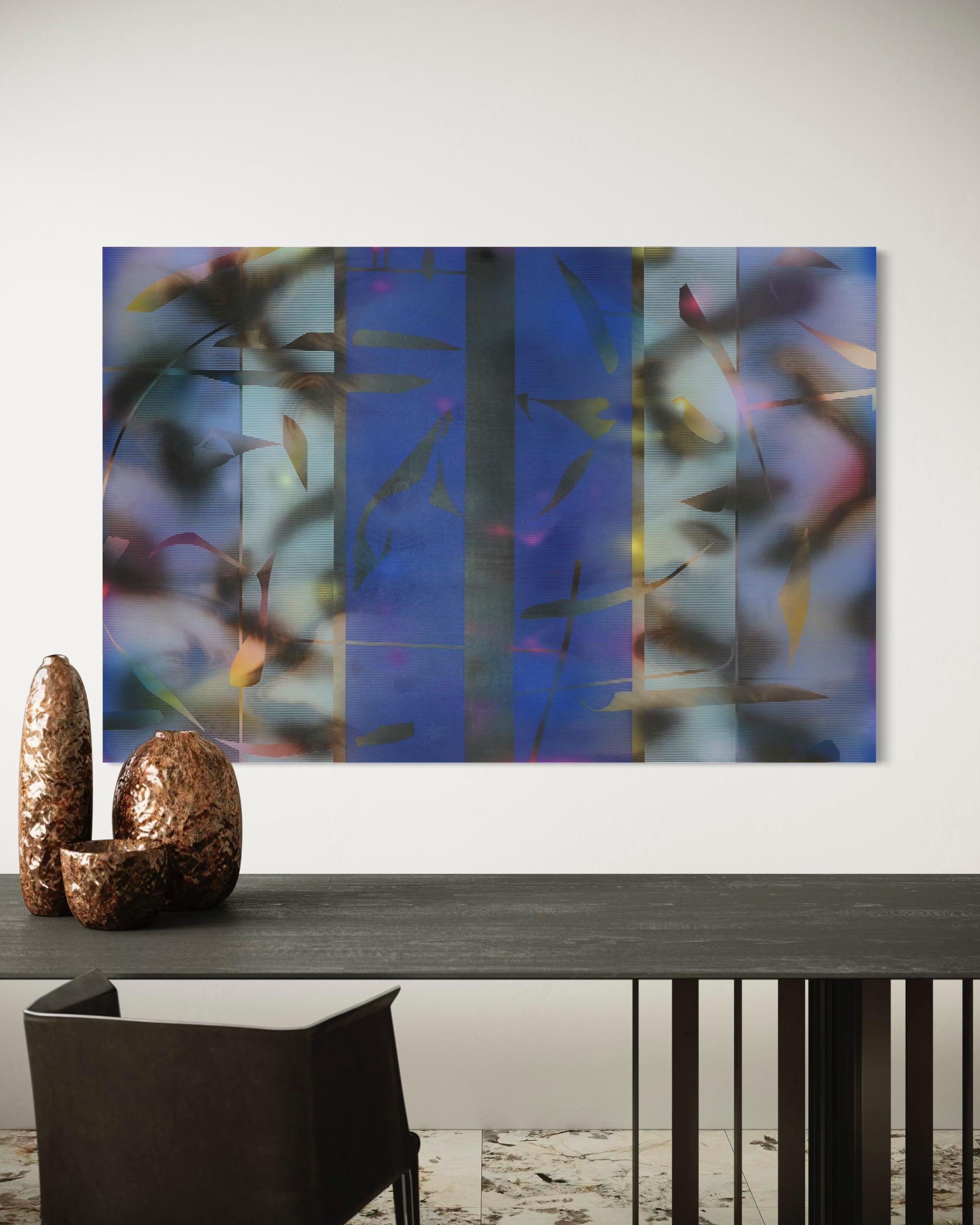 Aqua Marina draws from Melisa Taylor Metzger’s recent travels to Guadeloupe, where the lush textures and fluid rhythms of sea life left a lasting impression. Merging her signature pyrography and airbrush techniques, the painting evokes the drifting